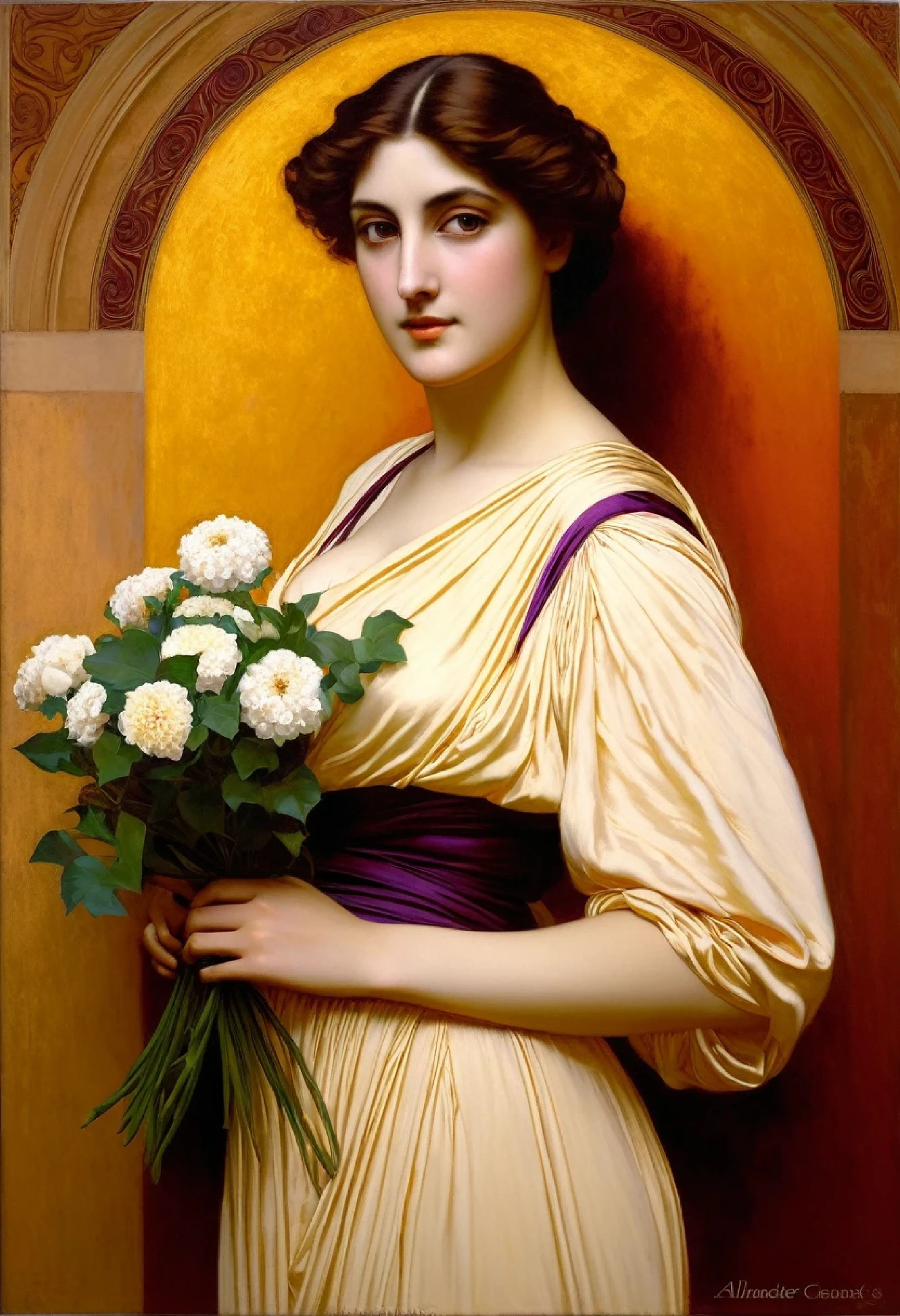 Painting of a woman, holding a bouquet of flowers, inspired from Alexander Cabanel, inspired by Frederic Lord Leighton, inspired by Frederic Leighton, inspired by Friedrich von Amering, from Alexander Cabanel, in the renaissance style, inspired by William-Adolphe Bouguereau, inspired by Christopher Wilhelm Eckersberg, inspired by Walter Leighton Clark