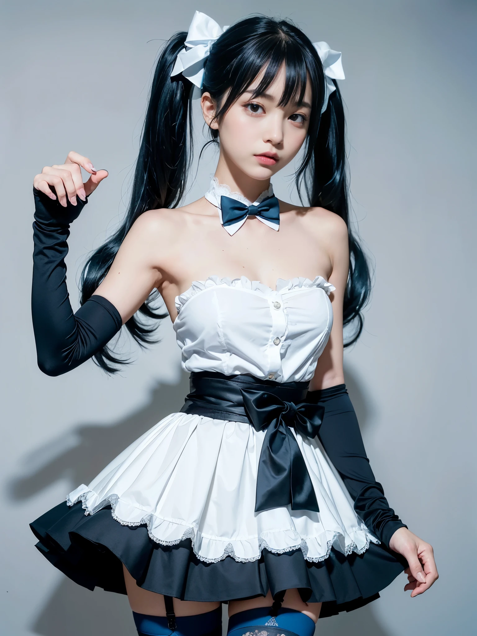 (8K, Raw photo, Best Quality, masutepiece:1.2), high-definition RAW color photography, professional photograpy, (Realistic, photographrealistic:1.37), ((Best Quality)), various attractive posing, full body shot;1.2. 1young girl, asymmetrical legwear, (black bow:1.2), black ribbon, (blue hair:1.5), bow, breasts, gloves,(hair bow:1.3), (very long hair:1.2), simple background, standing, striped bow, thighhighs, white background, white gloves, (lace legwear:1.2), Delicate hands, detailed fingers, five fingers, (one hand pinching the waist:1.3), (twintails:1.3), realhands, nsfw
