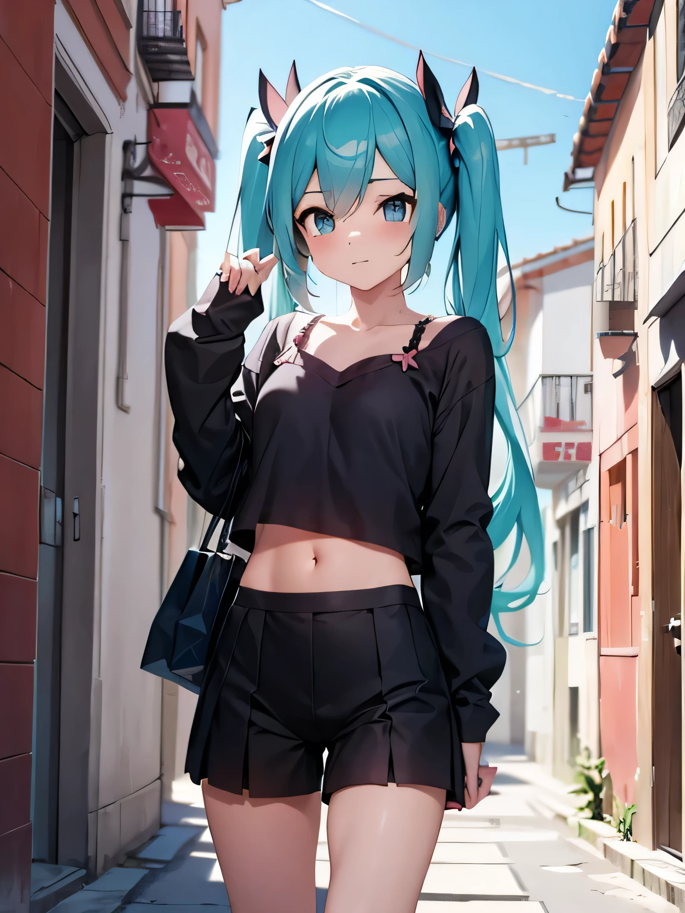 1 girl,Alone,Stand up,Large Breasts, Neckline, 
Denim shorts, Colorful off-shoulder shirt, belly button, Karzas with lace trim, Arms at your sides, A light smile, Hatsune Miku, Full body view, In the streets of a modern city, Holding a shopping bag