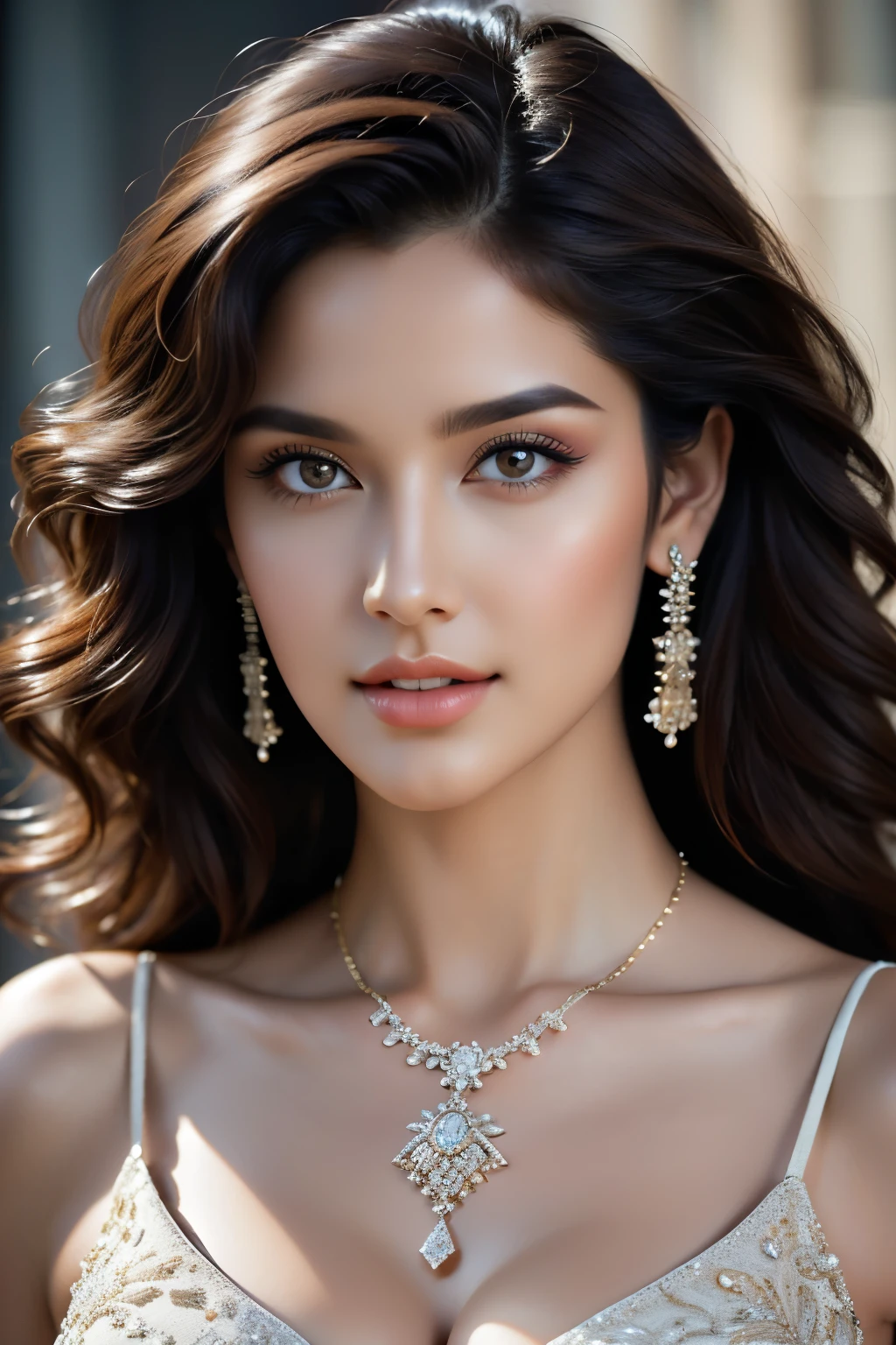 Arafe woman wearing sari and necklace, complex set, Bejeweled, Wearing complicated clothes, Exquisite Jewelry, with Intricate details, Elaborate costumes, Wearing elegant jewelry, Intricate details. from the front, Black Jewelry, Jewelry made with attention to detail, high Intricate details, Hand Jewelry Model Photos, Close-up portrait, Complex beauty, Exquisite Jewelry, side view Intricate details, masterpiece, 最high quality, high quality, High resolution, Beautiful Face、(Realistic Face)、Realistic eyes、beautiful detailed eyes、Realistic Skin、Beautiful Skin、Ultra-realistic、Very detailed、Beautiful lighting、Sharp focus、Various poses、超Detailed face、fine aiole hair、brown hair、Long Hair、Beautiful hairstyle、Detailed face、Exposed breasts、Cleavage、(Big Breasts)、Incredibly stupid, It seems ridiculous., (((Black background)))((wearing Big floral mini dress:1.3))、((in the stylish office at night:1.4))