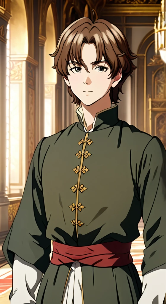 A young adult man, with short brown hair, wearing 16th century clothes, inside a royal palace, 2.5D anime style, masterpiece.