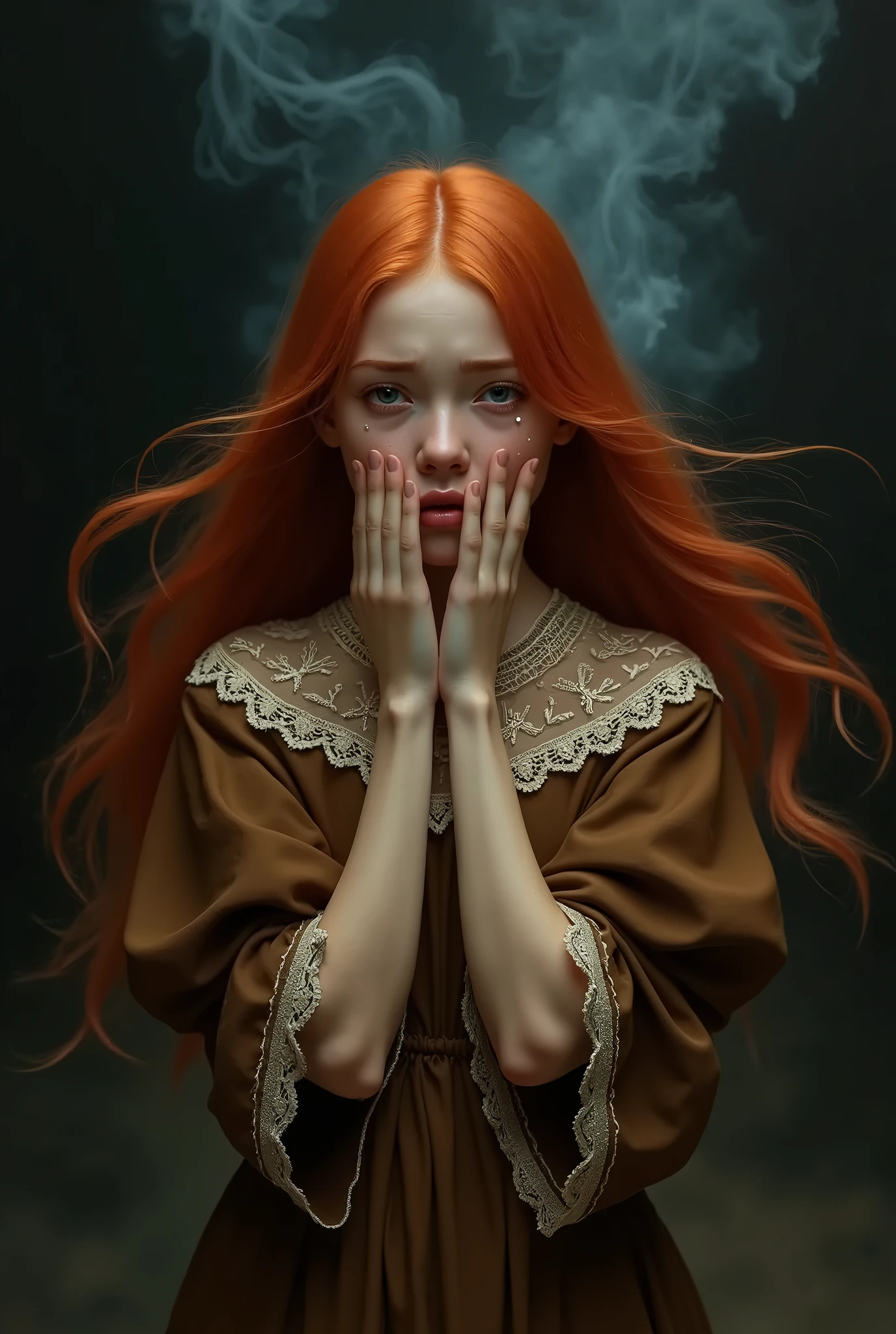 beautiful and sexy woman, with emerald green eyes and copper hair, Crying in pain with her face covered in tears and her nose red from crying so much, with hands on chest while kneeling facing forward, dressed in a beautiful dress.