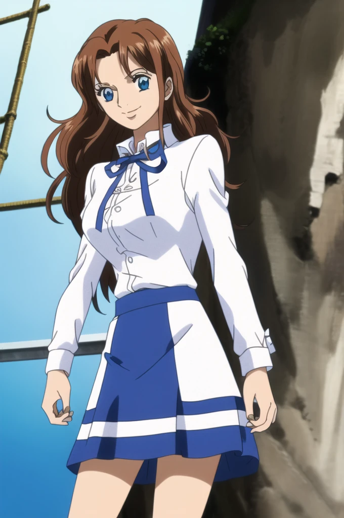 Ai shindou, 1girl, solo, long hair, floating hair, blue skirt, blue uniform, brown hair, long sleeves, blue sea eyes, staring to the side, smile, white cape, ribbon, cowboy Shot, take a saber, ship on the sea, masterpiece, high quality, very_high_resolution, large_filesize, full color,