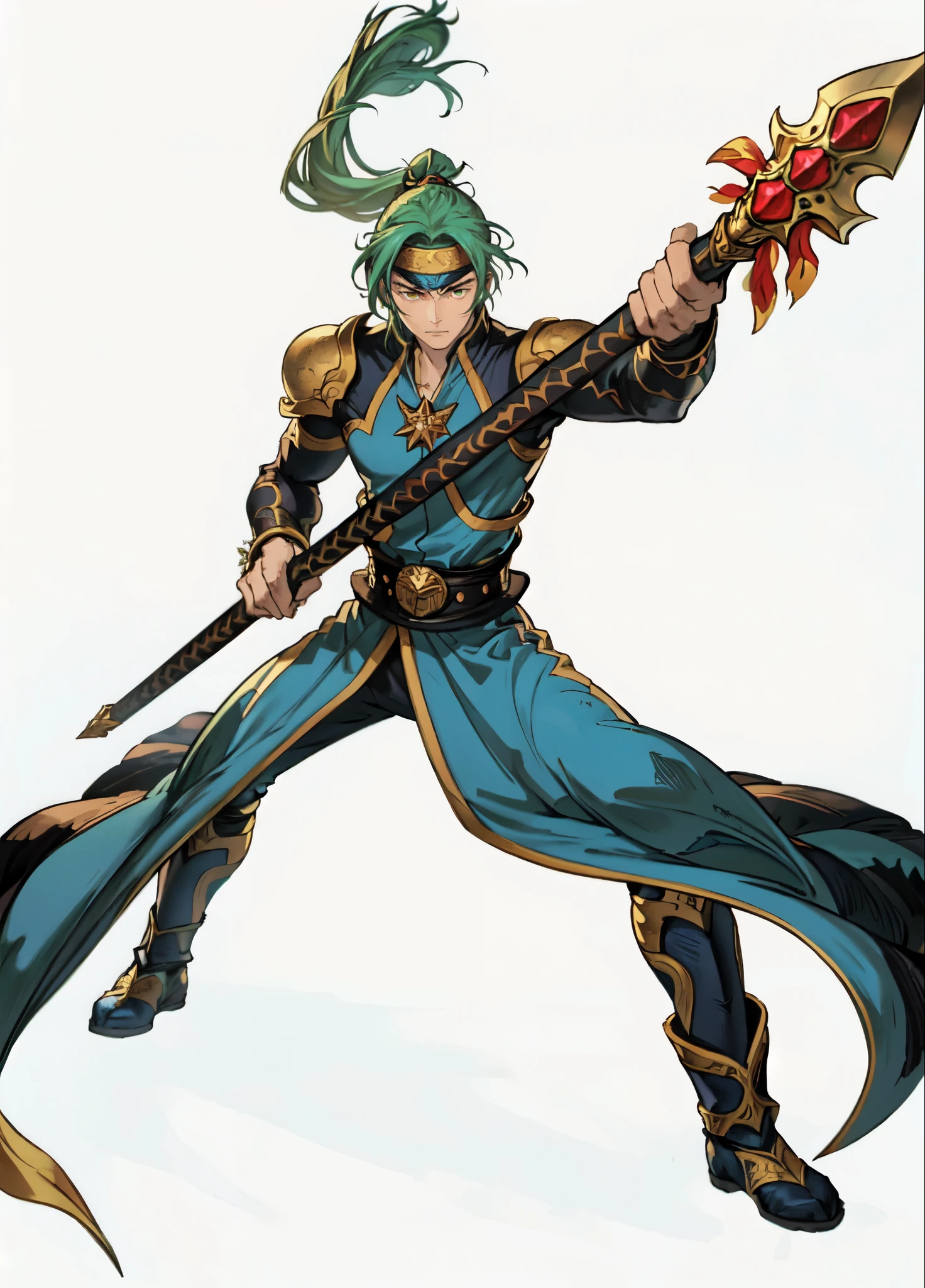 (masterpiece:1.2, best quality:1.2, extremely delicate:1.2), ((male:1.5)), a young man with long, flowing emerald-green hair tied in a ponytail, parted bangs, wearing a headband, a handsome face, sharp eyes, a serious expression, slender and tall build, a yellow and blue leather armor long coat in a fantasy martial arts style, a large triangular-decorated belt, flowing long hem, matching trousers, shin guards, battle boots, grips an indigo spear adorned with iron rings, striking a combat pose against an army, this character embodies a finely crafted fantasy martial arts style spear fighter in anime style, exquisite and mature manga art style, dramatic, high definition, highres, ultra-detailed, ultra-fine painting, professional, perfect body proportions, golden ratio, anatomically correct, symmetrical face, extremely detailed eyes and face, high quality eyes, creativity, RAW photo, UHD, 32k, Natural light, cinematic lighting, (masterpiece-anatomy-perfect:1.2)