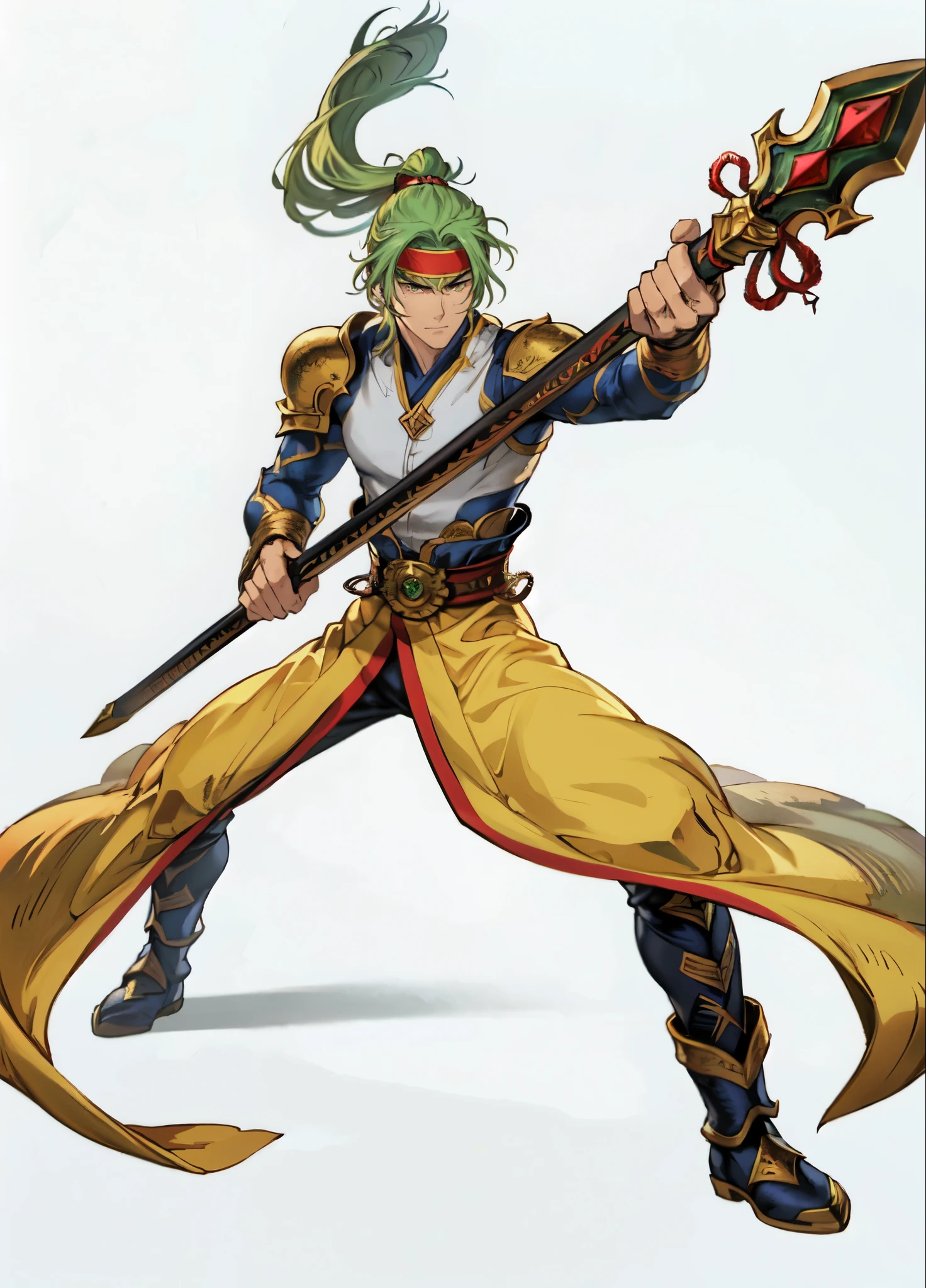 (masterpiece:1.2, best quality:1.2, extremely delicate:1.2), ((male:1.5)), a young man with long, flowing emerald-green hair tied in a ponytail, parted bangs, wearing a headband, a handsome face, sharp eyes, a serious expression, slender and tall build, a yellow and blue leather armor long coat in a fantasy martial arts style, a large triangular-decorated belt, flowing long hem, matching trousers, shin guards, battle boots, grips an indigo spear adorned with iron rings, striking a combat pose against an army, this character embodies a finely crafted fantasy martial arts style spear fighter in anime style, exquisite and mature manga art style, dramatic, high definition, highres, ultra-detailed, ultra-fine painting, professional, perfect body proportions, golden ratio, anatomically correct, symmetrical face, extremely detailed eyes and face, high quality eyes, creativity, RAW photo, UHD, 32k, Natural light, cinematic lighting, (masterpiece-anatomy-perfect:1.2)