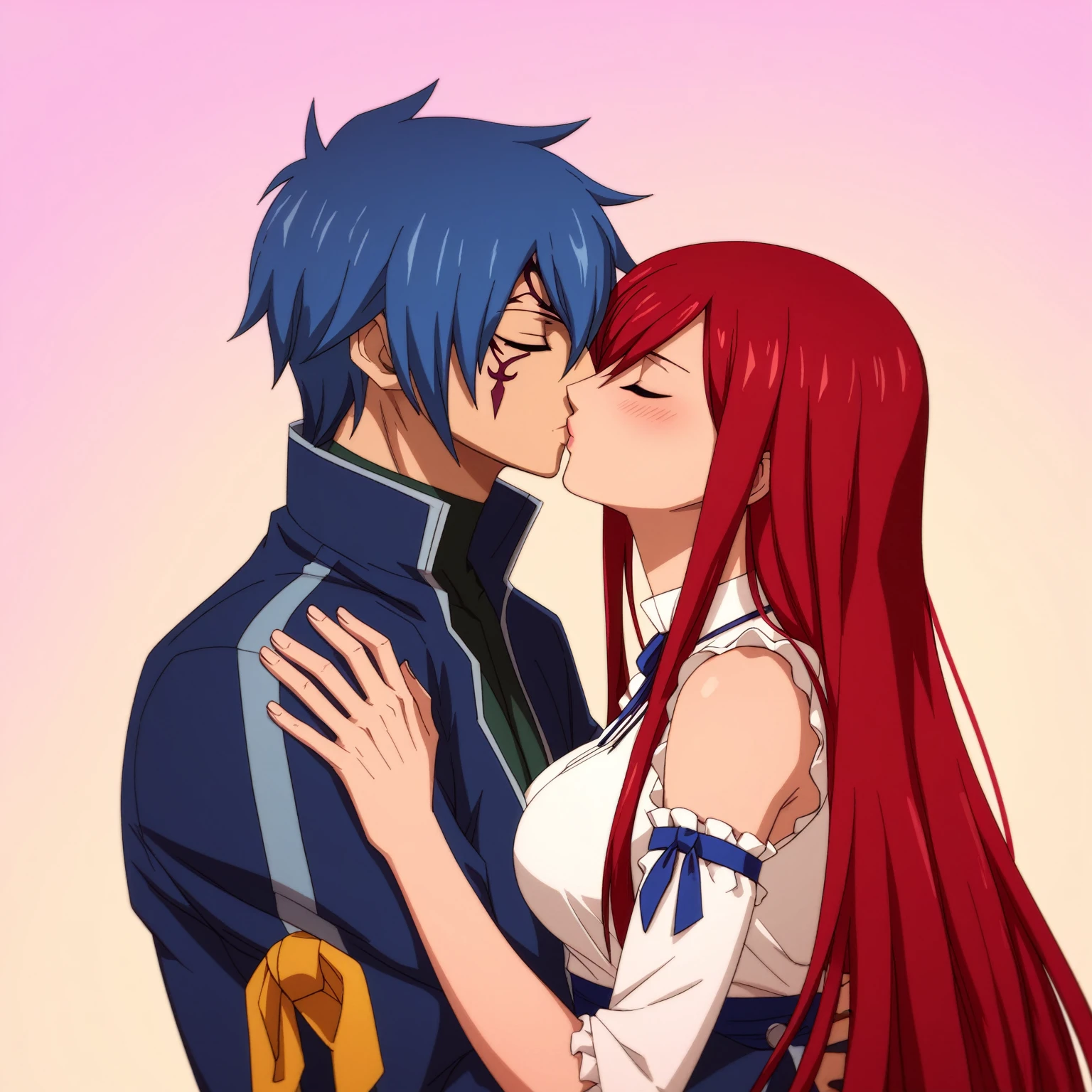 masterpiece, best quality, hetero, couple, 1boy, jellal fernandes, blue hair, short hair, blue coat, hair between eyes, closed eyes, blush, kiss, hug, 1 girl, erza scarlet, red hair, long hair, sidelocks, white shirt, frilled shirt, sleeveless shirt, profile