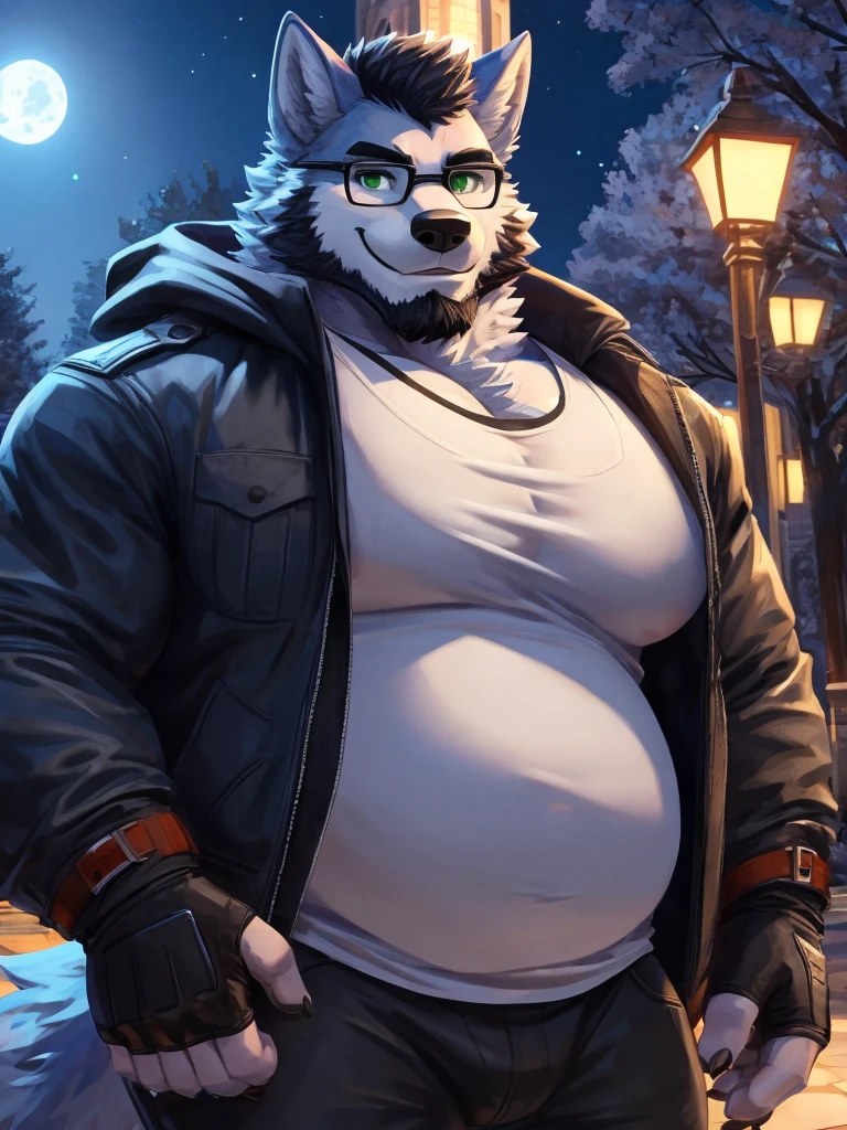 ((best quality)), ((masterpiece)), (Ultra detailed), ((4k)) , Solo , Anthro Wolf , Light Blue Fur , Black Short Hair , Short Beard , Handsone , Middle Ages , Big Pecs chest , Chubby , Headphone , Sweatshirt , Jean pants , Small Smile , Stand Alone ,