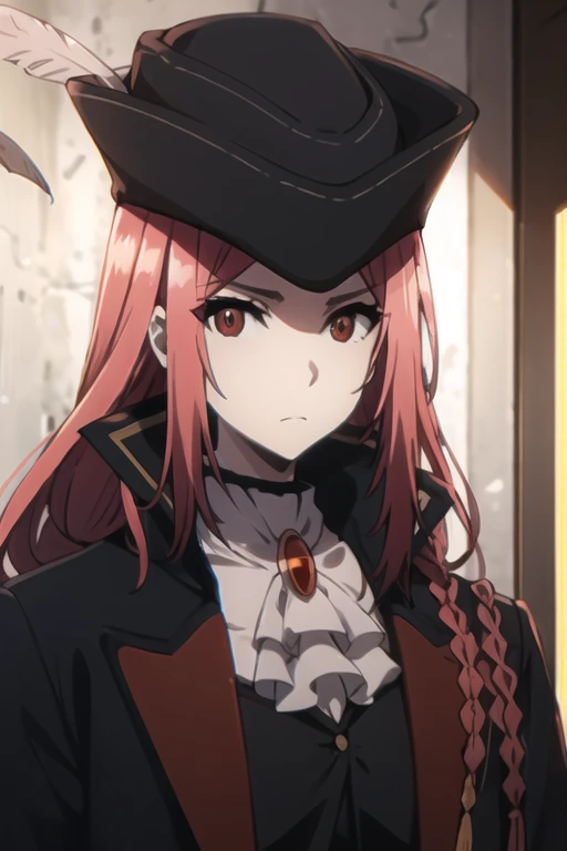 marydef, red hair, red eyes, long hair, looking at viewer, ascot, side braid, hat, black coat, black vest, upper body, portrait, hat feather,