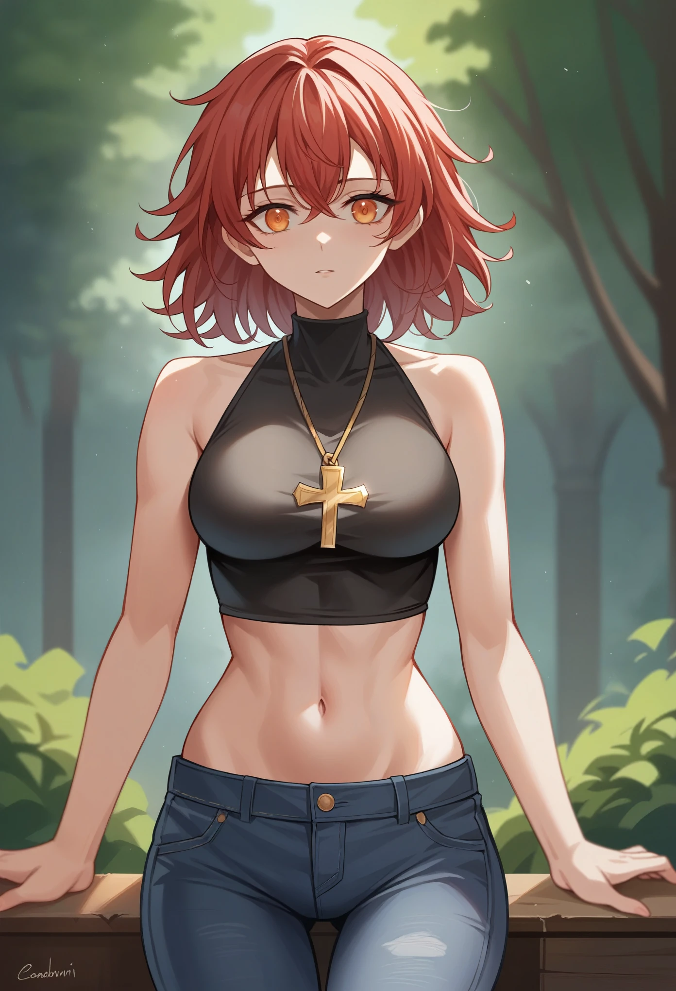 ((solo)), (woman), bright orange eyes, red hair, medium hair, messy hair, (young adult), fit, tall, medium breasts, a close up of a person, detailed key anime art, casimir art, masamune shiro, masamune, beautiful girl in demon slayer art, heise jinyao, shadowverse style, (no logos), jeans pants, black shirt, exposed navel expressive hair, shiny hair, depth of field, cinematic lighting, ]ray tracing, depth of field, cinematic lighting, ray tracing, UHD, high details, best quality, highres, high quality, award winning, super detail, masterpiece, 8k, UHD, high details, best quality, highres, high quality, award winning, super detail, masterpiece, 8k