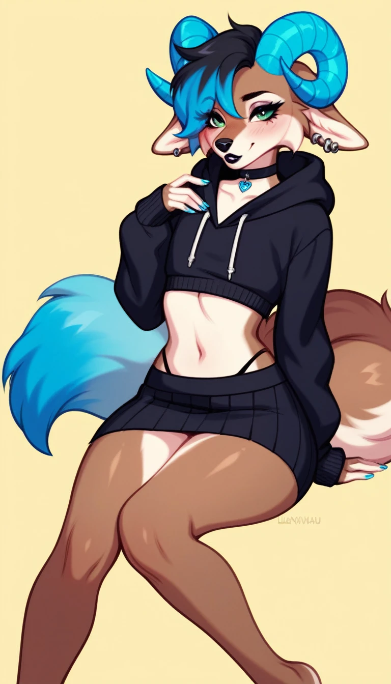 score_9,score_8_up,score_7_up,score_6_up,score_5_up,score_4_up, Lynx, purple fur, purple eyes, anthro, blue hair, purple hair, long hair, eyeliner, eyelashes, black eyeshadow, furry art, cheeks tuft, shoulder tuft, male focus, femboy, fingerless gloves, cute fangs, kemono, shota, fluffy neck, icon portrait, claws, black nails, navel, showing teeth, covered nipples, (by nextel), 3d, blender software, crop top, cap, thong, bulge, ((erect penis underclothes)), medium hair, necklace, 5 fingers, slut written on clothes, one arm behind head, one hand on hips, black clothes,