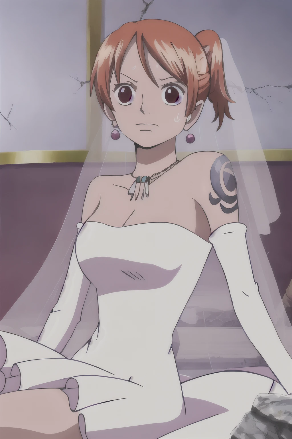 nami, 1girl, solo, breasts, short_hair, gloves, dress, cleavage, bare_shoulders, brown_eyes, jewelry, medium_breasts, sitting, closed_mouth, collarbone, ponytail, earrings, elbow_gloves, white_gloves, hand_up, necklace, white_dress, orange_hair, sweatdrop, strapless, tattoo, alternate_hairstyle, parody, veil, strapless_dress, short_ponytail, rock, wedding_dress, bridal_veil, hair_up, shoulder_tattoo, pillar, cracked_wall