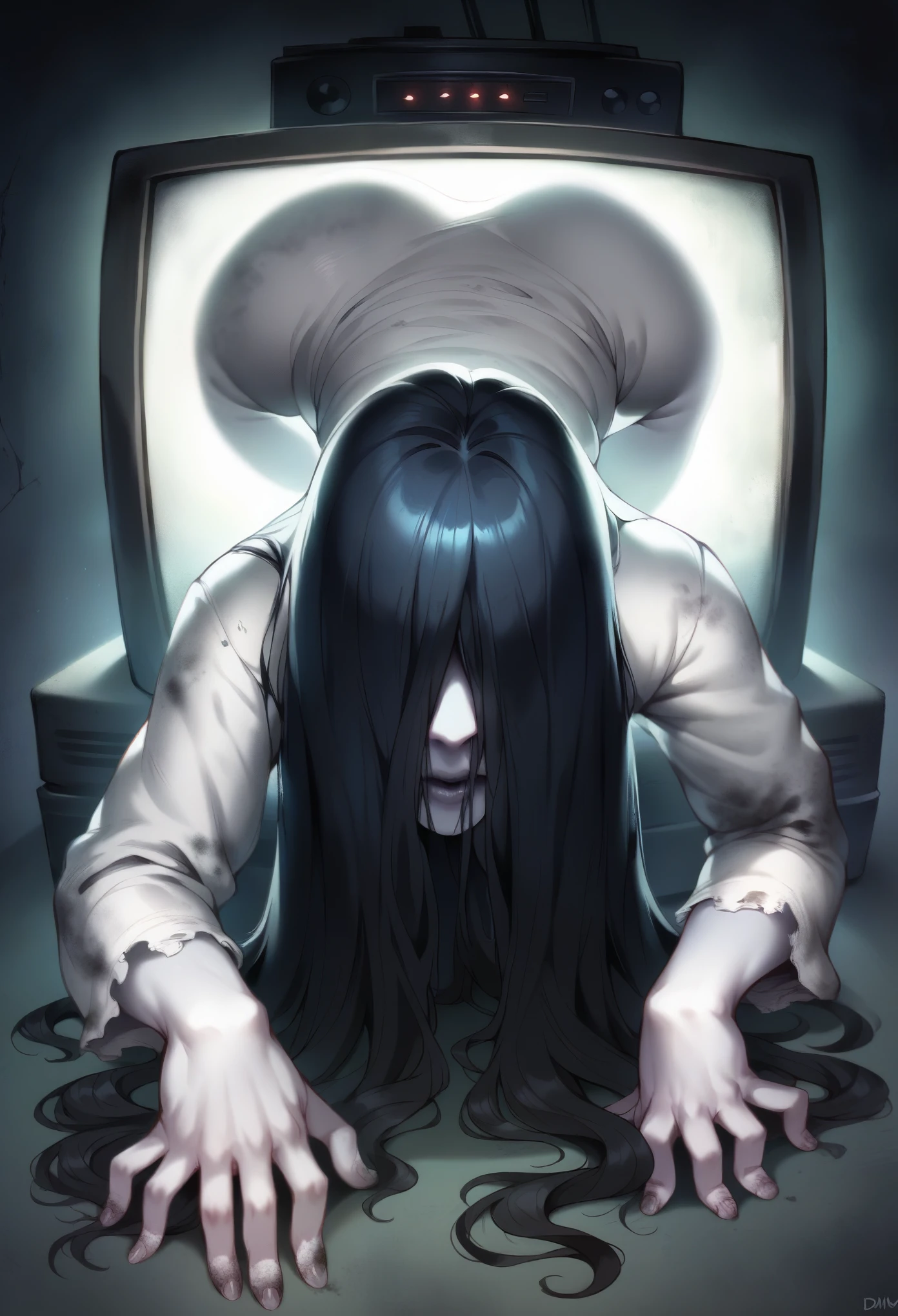 (masterpiece, The best quality:1.2),sadako,lying with legs open,legs up,again,grabbing their legs,fluids,,Long black hair,pale skin,hair over one eye,
dirty white dress with sleeves,crawling, all fours, 
dark room,dim lighting,television,
