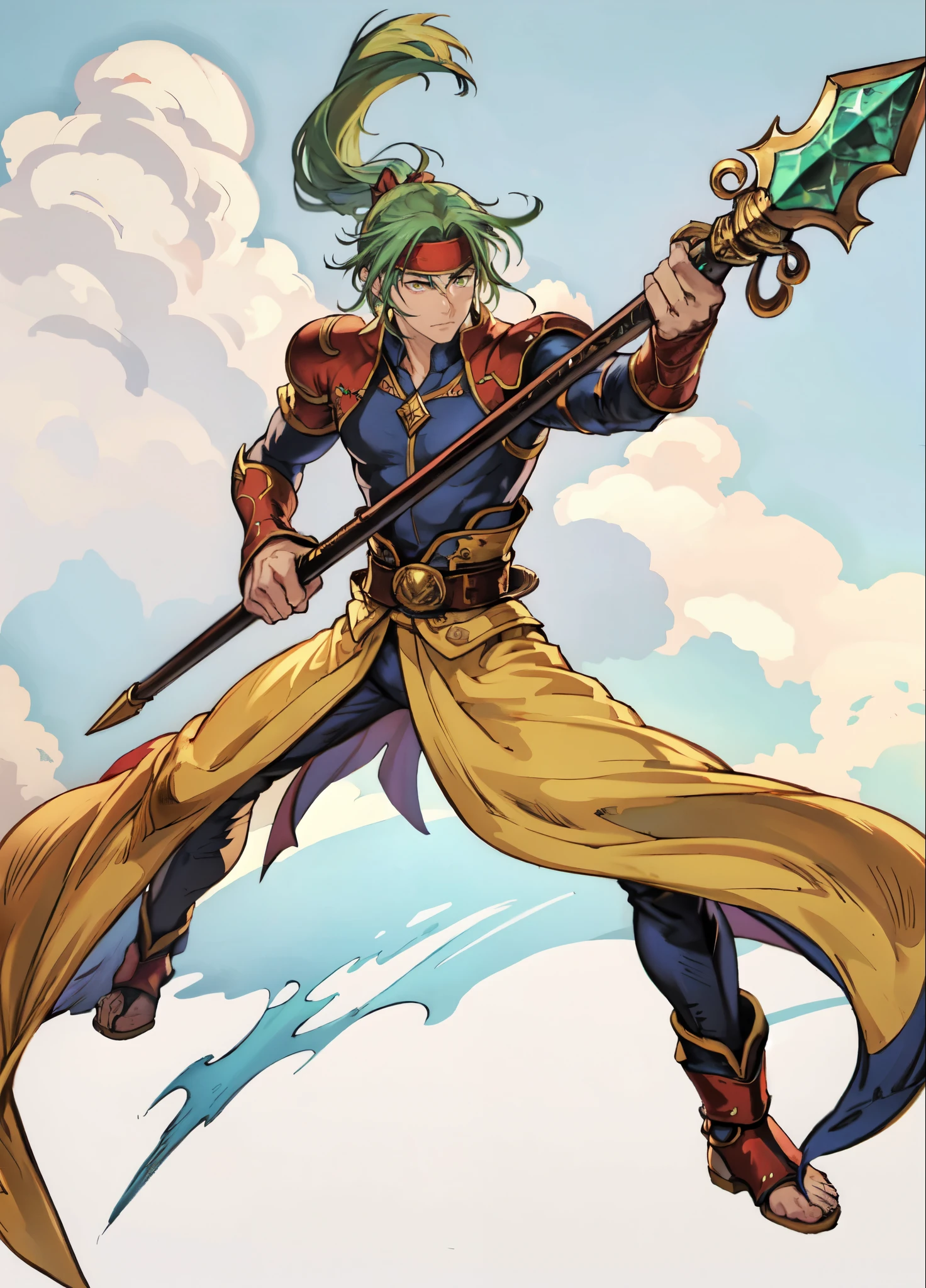 (masterpiece:1.2, best quality:1.2, extremely delicate:1.2), ((male:1.5)), a young man with long, flowing emerald-green hair tied in a ponytail, parted bangs, wearing a headband, a handsome face, sharp eyes, a serious expression, slender and tall build, a yellow and blue leather armor long coat in a fantasy martial arts style, a large triangular-decorated belt, flowing long hem, matching trousers, shin guards, battle boots, grips an indigo spear adorned with iron rings, striking a combat pose against an army, this character embodies a finely crafted fantasy martial arts style spear fighter in anime style, exquisite and mature manga art style, dramatic, high definition, highres, ultra-detailed, ultra-fine painting, professional, perfect body proportions, golden ratio, anatomically correct, symmetrical face, extremely detailed eyes and face, high quality eyes, creativity, RAW photo, UHD, 32k, Natural light, cinematic lighting, (masterpiece-anatomy-perfect:1.2)