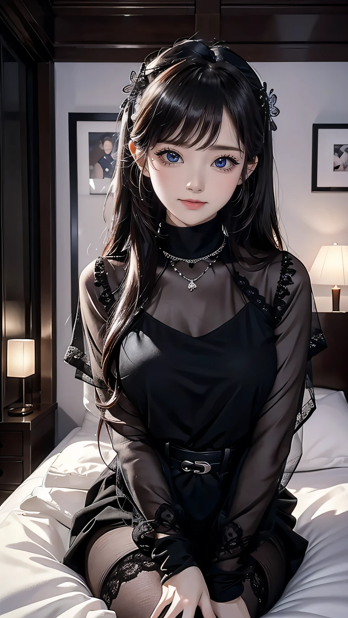 20 year old girlfriend, goth, black skirt, black lace top, black long hair. Pale skin, freckles, medium breats, medium ass, dark bedroom setting with night sky,