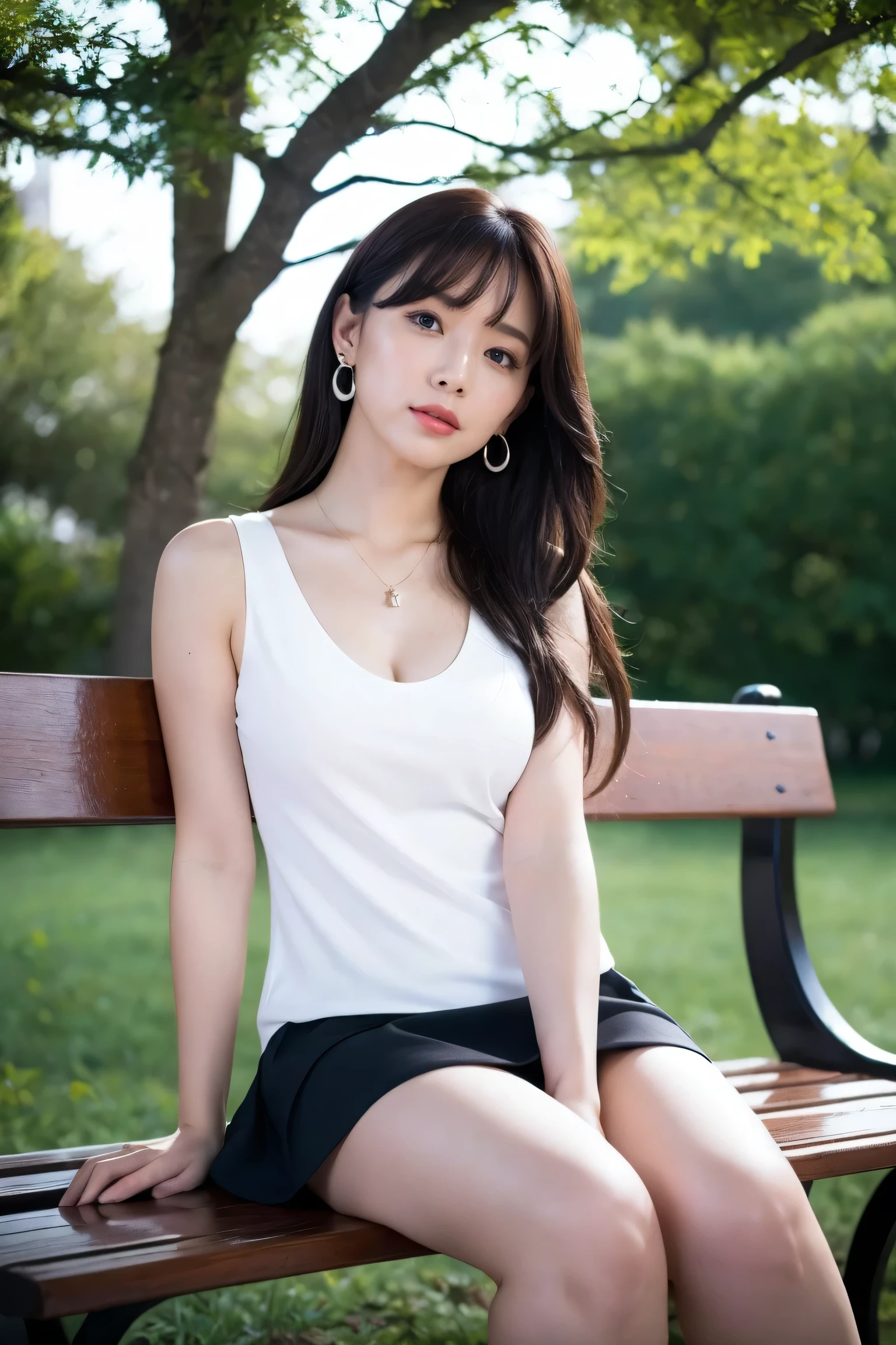 Best Quality, masterpiece, High resolution, Realistic, RAW Photo 8k Wallpaper, perfection, Professional Lighting, Very detailed, Written boundary depth, One Girl, Mature, Dark night in the park, mini skirt dress、one piece、High heels,Pearl Earrings、Pearl Pendant、 (look at viewer), Detailed face, Beautiful Eyes, Sit on a bench, bangs, Shapely small breasts,flash photography、Angle from below、Strong winds