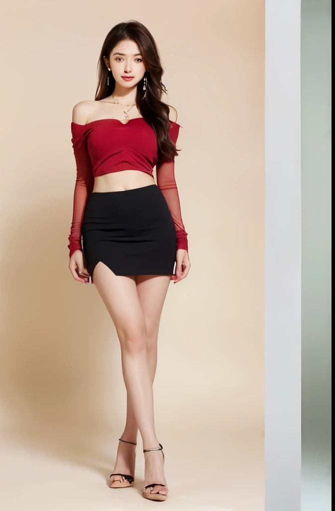 ((midynight, best qualtiy, 8k, tmasterpiece :1.3)), full bodyesbian, long leges, Sharp focus :1.2, A beautiful woman with a perfect figure :1.4, Slender abs :1.1, ((dark brown hair, gigantic cleavage breasts :1.2)), (Red lace cutout bra, Skinny black hip skirt, standing on your feet:1.2), (nighttime scene, the roof:1.3)), Highly Detailed Face and Skin Textur, Fine Eye, 二重まぶた
