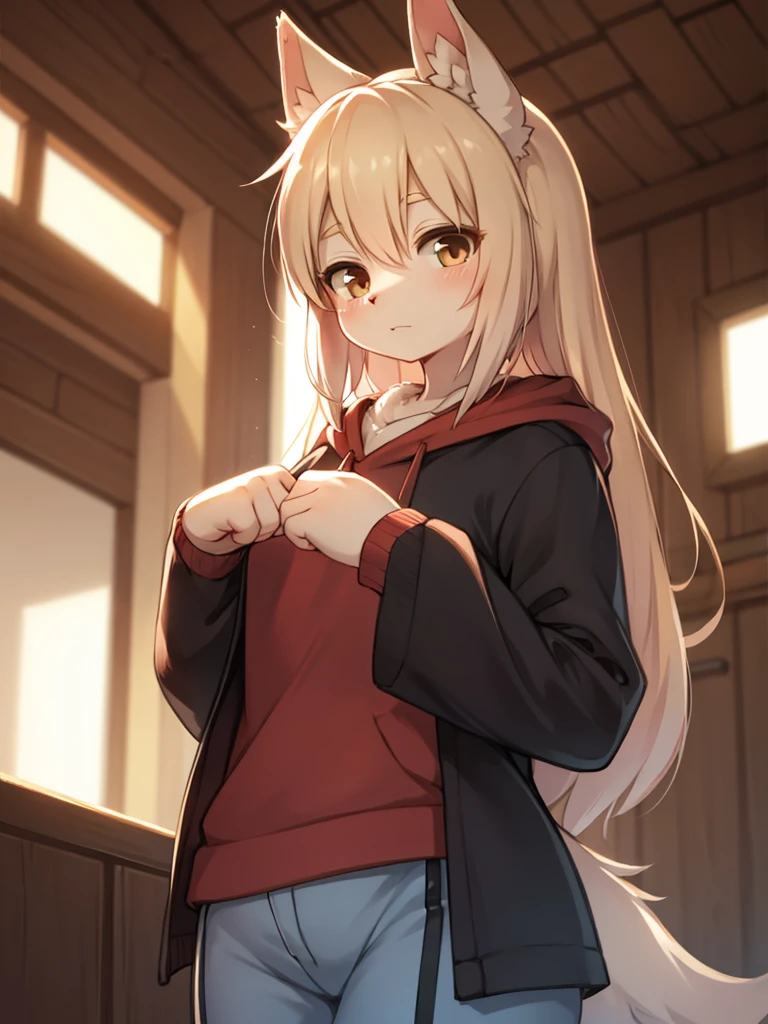 girl, ayanami_azurlane, long_hair, ponytail, bangs, headgear, hair_between_eyes, sidelocks, hair_ornament, blush, blonde_hair, orange_eyes, breasts, red_eyes, casual ouftif, oversized hoodie, white hoodie, bare legs, neutral expression