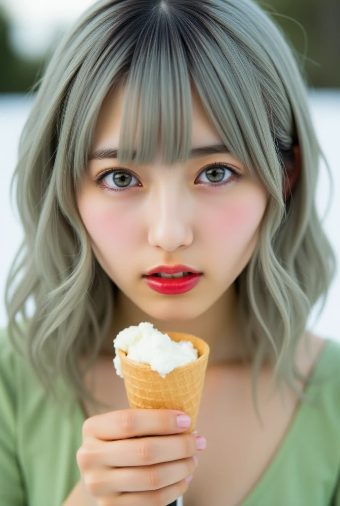 Close-up of a person holding an ice cream cone, pretty girl, Woman with wavy silver hair, bangs, Pale blue eyes, Red lips, Soft green dress,