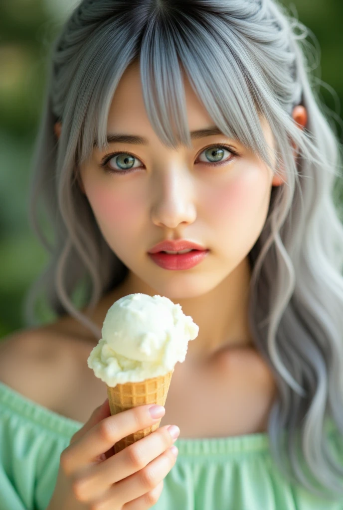 Close-up of a person holding an ice cream cone, pretty girl, Woman with wavy silver hair, bangs, Pale blue eyes, Red lips, Soft green dress,