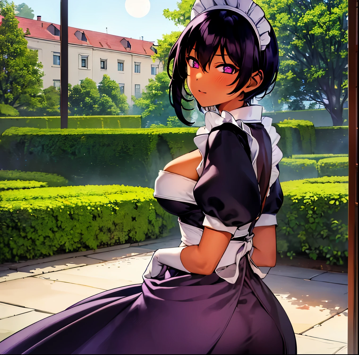 ((1girl)),((alone)),Lilith, \(Saikin Yatotta Maid ga Ayashii\),(masterpiece), (best quality), (ultra detailed), (best illustration), (best shadow), ( absurdities ), sharp focus, cowboy shot, atmospheric perspective, depth of field, dynamic posture, ((looking at viewer)), large breasts, narrow waist, wide hips, medium thighs, round butt, erotic, romantic, (highly detailed , lips 1.1), highly detailed eyes, eyes, Highly detailed face, Very pretty face, Symmetrical face, Aesthetic face, perfect face, perfect eyes, detailed eyelashes: 1.5), full height, beautiful slim figure, femininity, expressive appearance, breasts big elastics, sexuality, parted lips,((black hair)), short hair,((purple eyes:1.4)), ((dark skin:1.3)),((maid's headdress:1.3)), loose collar, ((maid dress)), ((neckline)), short sleeves, puff sleeves, white elbow-length gloves, apron, large breasts, ((white thighs:1.2)) ((raised skirt:1.2)), (( panties:1.2)), wink, looking at you, hallway, cowboy photo, curves, defined body, perfect and beautiful body, perfect and beautiful, seductive look, closed mouth, ((sexy expression)), blushing, (sexy pose: 1.2 ) , standing :1.3,((alone)),((inside, mansion, hallway, red carpet, window, garden view, night, moon, good lighting)), Looking back,from behind,(( focus on the butt:1.4)), point of view:(from below), perfect anatomy, perfect hands