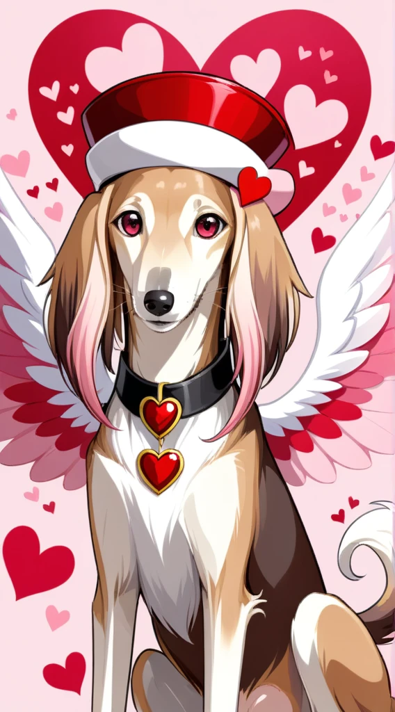 anime style, A strikingly majestic Valentine Day Saluki wearing a hat with hearts and fake cupid wings, its fur exhibiting a stunning blend of colors, reminiscent of the intricate strokes of a master painter