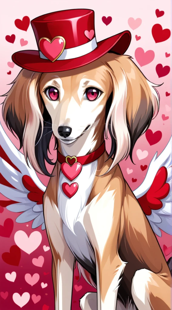 anime style, A strikingly majestic Valentine Day Saluki wearing a hat with hearts and fake cupid wings, its fur exhibiting a stunning blend of colors, reminiscent of the intricate strokes of a master painter