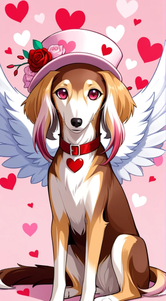 anime style, A strikingly majestic Valentine Day Saluki wearing a hat with hearts and fake cupid wings, its fur exhibiting a stunning blend of colors, reminiscent of the intricate strokes of a master painter