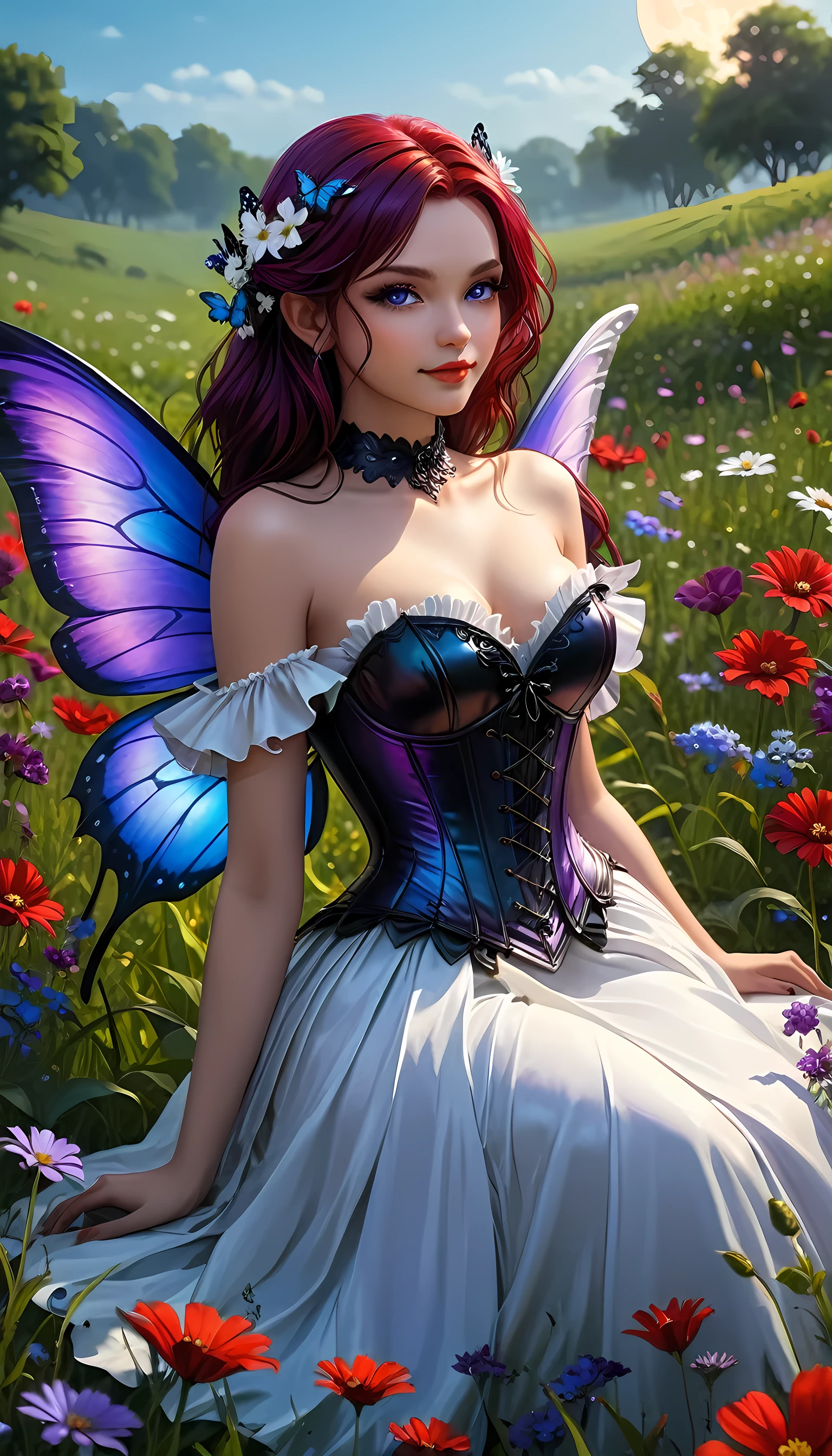 high details, best quality, 16k, RAW, [best detailed], masterpiece, best quality, (extremely detailed), full body, ultra wide shot, photorealistic, dark fantasy art, goth art, RPG art, D&D art, a picture of a dark female fairy resting in a flower meadow, extremely beautiful fairy, ultra feminine (intense details, Masterpiece, best quality), best detailed face (intense details, Masterpiece, best quality), having wide butterfly wings butterfly_wings, spread butterfly wings (intense details, Masterpiece, best quality: 1.3), (purple: 1.5) colors wings (intense details, Masterpiece, best quality), (dark red) hair, long hair, shinning hair, flowing hair, shy smile, innocent smile, (blue: 1.3) eyes, dark blue lips, wearing (white: 1.3) dress latex corset (intense details, Masterpiece, best quality), dynamic elegant shirt, chocker, wearing (red: 1.3) high heels, in various shades of red colored flower meadow (intense details, Masterpiece, best quality), (red flowers: 1.2) , (black flowers: 1.2), (white flowers: 1.2), (blue flowers: 1.3) [extreme many flowers] (intense details, Masterpiece, best quality), dark colorful flowers (intense details, Masterpiece, best quality), flower meadow in a dark goth field background, night time, moon rising, dim light, cinematic light, High Detail, Ultra High Quality, High Resolution, 16K Resolution, Ultra HD Pictures, 3D rendering Ultra Realistic, Clear Details, Realistic Detail, Ultra High Definition, #chinese cloth, dungeons and dragons, DonMDr4g0nXL