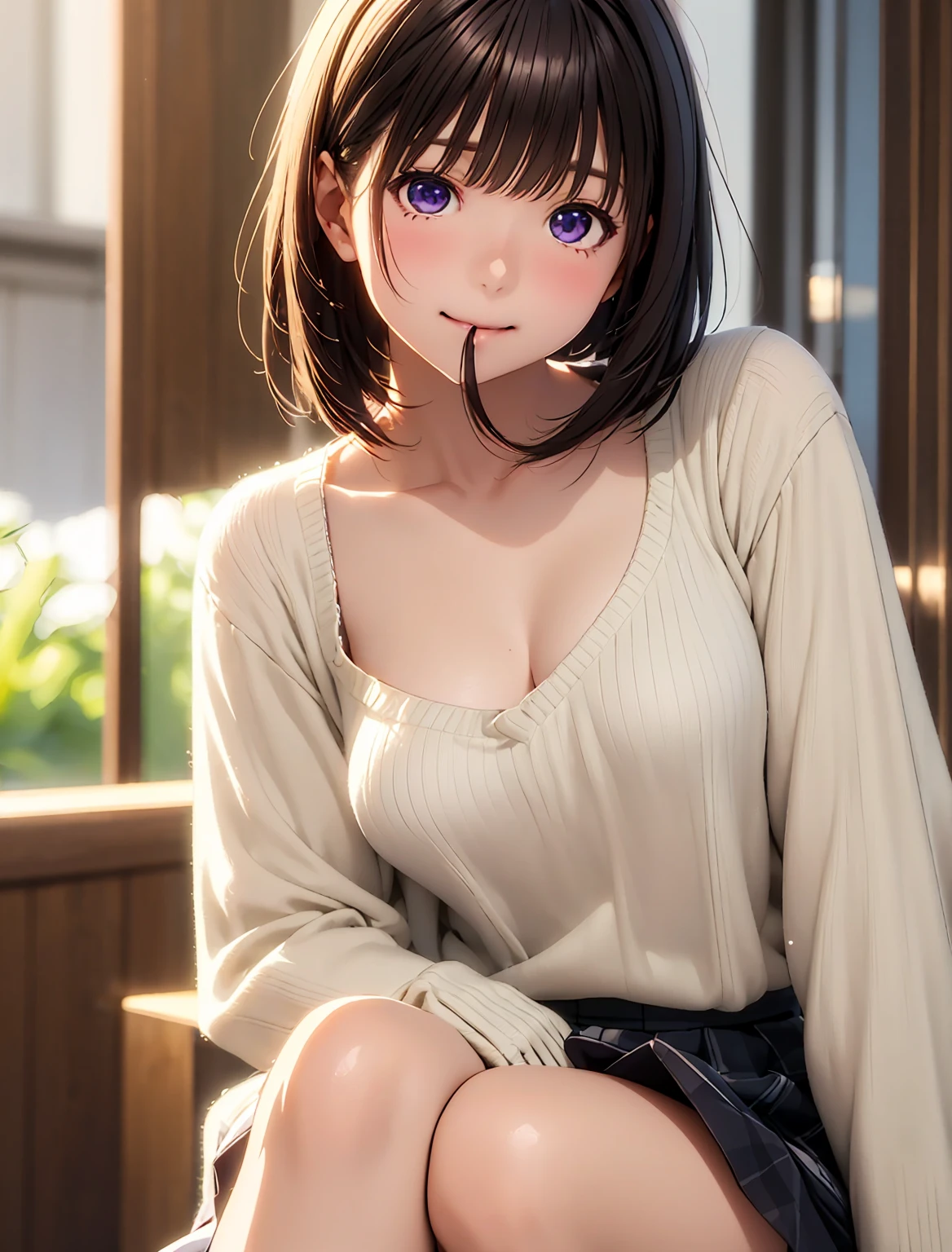 High resolution,In 8K,Best Quality,detailed,Semi-realistic anime,Anime 3D Style,Smooth anime CG,One Girl,One Japanese woman,slim,Modeled,Shiny brown hair,Short Bob,detailedな顔,Beautiful and detailed,Glowing Skin,(Black 3/4 sleeve knit top),(((A skirt with a thin check pattern on a light-colored fabric))),straggling hair,Angelic hairstyle,Small breasts,((Deep violet sparkling eyes)),((Looking into the camera)),(((Shut your mouth.))),((Laughter))