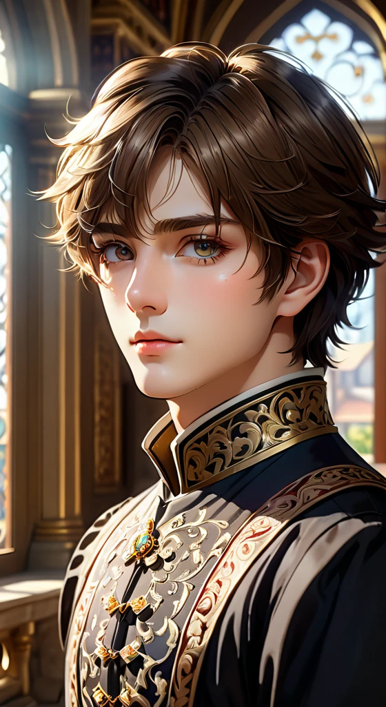 a young adult man, short brown hair, 16th century clothing, inside royal palace, 2.5D anime style, (best quality,4k,8k,highres,masterpiece:1.2),ultra-detailed,(realistic,photorealistic,photo-realistic:1.37),intricate details, highly detailed face, beautiful detailed eyes, beautiful detailed lips, extremely detailed eyes and face, long eyelashes, dynamic pose, ornate architecture, sunlight streaming through windows, rich color palette, warm lighting, detailed textures, cinematic composition