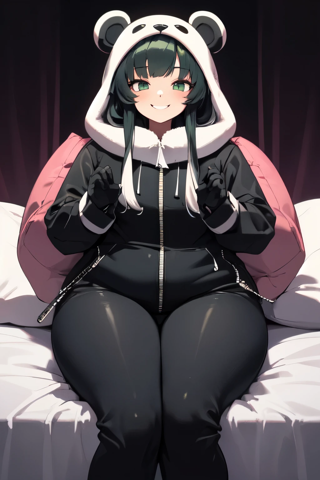 beautiful, (masterpiece), best quality, (extremely detailed face), extremely detailed eyes,  perfect lighting, OverallDetail, detailed, deep skin,textured skin,
,bear costume ,black bear costume, long sleeves, hood up,,mallow , long hair, green eyes, big smile,on bed ,sitting between pillows,
,large proportions, laying down, half unzipped