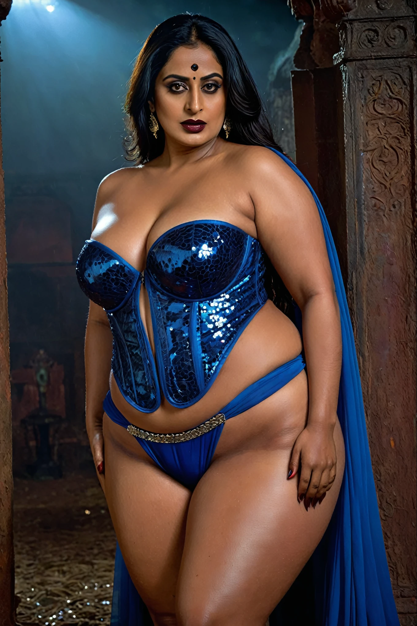 Looks like Mahie Gill, full body Closeup shot, Big chubby aunty, milf, demoness mommy, mother of demons, demoness mommy queen, Yakshini rajmata, heavy figure Indian aunty, huge figure, huge massive breast, cougar lady witch, horny Gothic milf,  70 years old gorgeous mature lady, pervert demoness, demoness of lust, curvy, black lips, horny face, extremely gorgeous, thick figure, heavy physique, voluptuous, curvy, sexy figure, Fashionable portrait of androgynous alien looking witch, glowing eyes, futuristic design, minimal details, givenchy, photoreal, 200mm, hd, f/ 2.0, highly detailed, surreal, sexy beautiful evil woman, sexy bold sequin Saree with strapless Bra, chudail, Pishachini, horror genre, blood-thirsty enchantress, powerful female spirit, eerie, drop dead, in the style of red and blue, (intricate details, hyperdetailed:1.15) (skin texture:1.2), dark Moody tone, cinematic lighting, haunted place in background, 