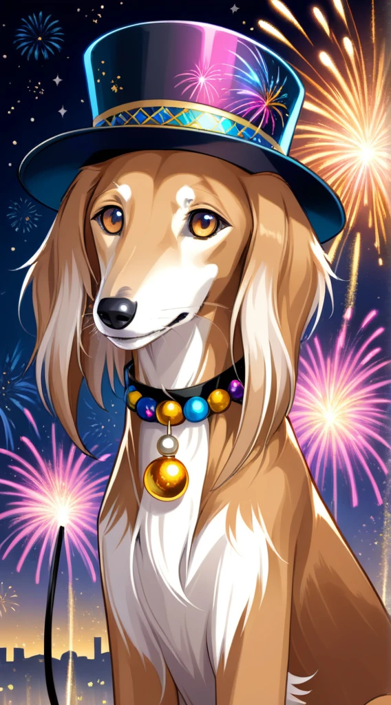 anime style, A strikingly majestic New Years Eve Saluki wearing a hat with sparklers and fake color beads with fireworks in the background, its fur exhibiting a stunning blend of colors, reminiscent of the intricate strokes of a master painter