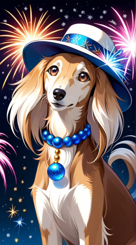 anime style, A strikingly majestic New Years Eve Saluki wearing a hat with sparklers and fake color beads with fireworks in the background, its fur exhibiting a stunning blend of colors, reminiscent of the intricate strokes of a master painter