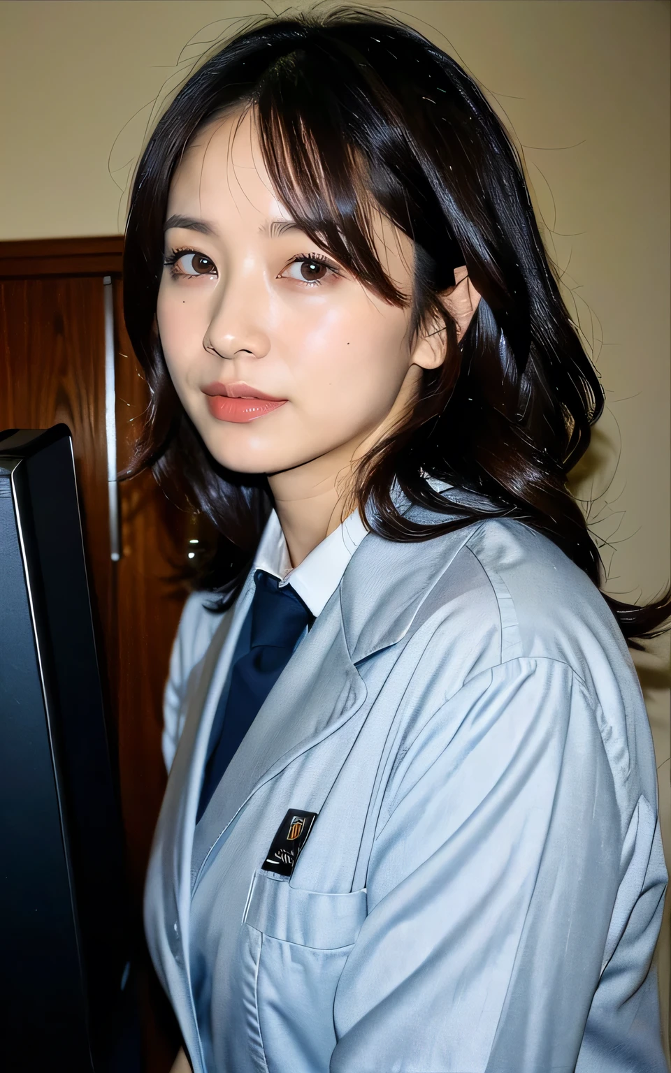 ((最high quality, 8k, masterpiece: 1.3)), Realistic, Sharp focus, high quality, High image quality, Portraiture, Alone, Japan, Middle-aged women, Beauty, Plump, Wavy Hair, Receptionist uniform, Wrinkles around the eyes, Lots of files, Dark Background