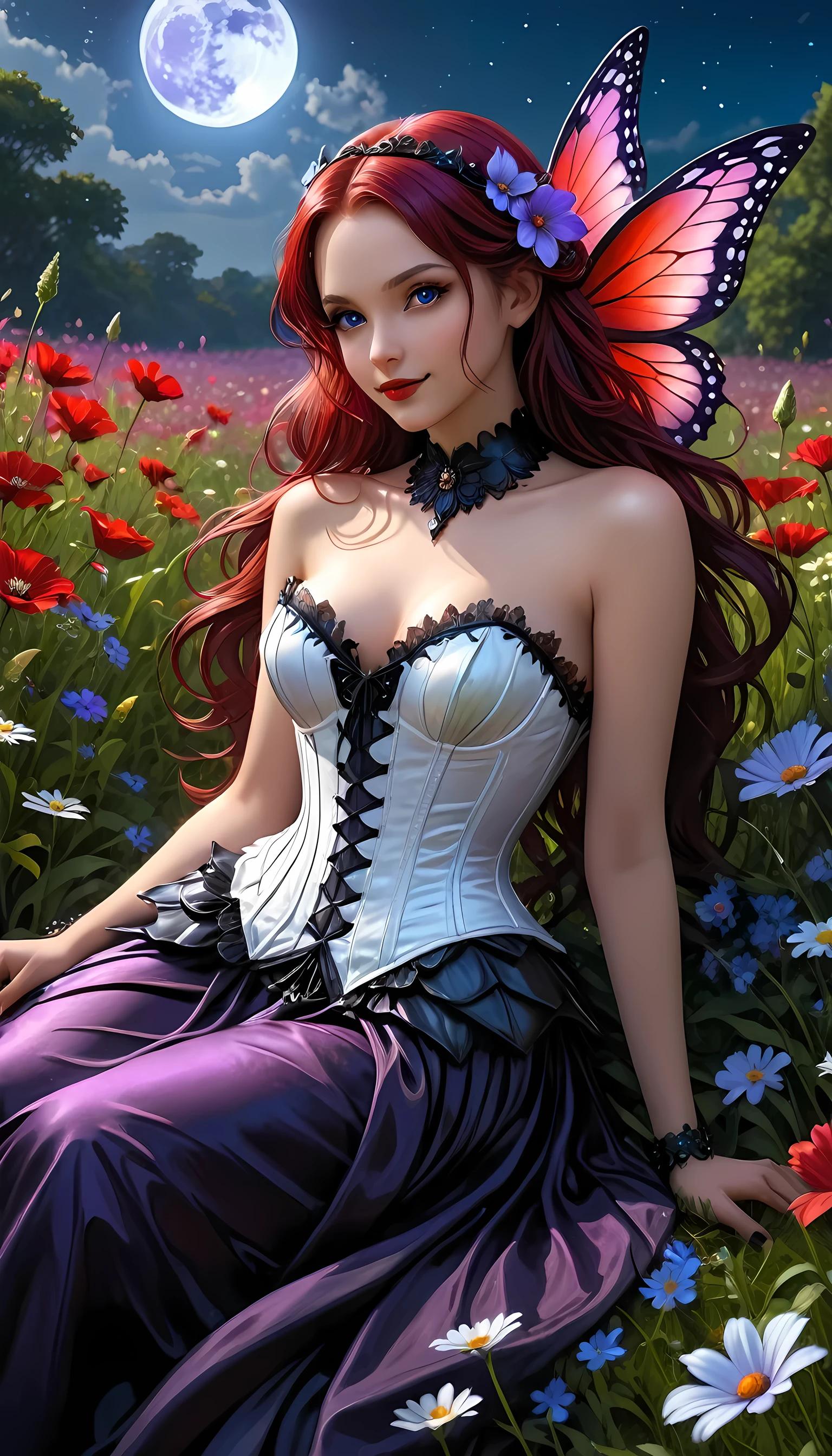 high details, best quality, 16k, RAW, [best detailed], masterpiece, best quality, (extremely detailed), full body, ultra wide shot, photorealistic, dark fantasy art, goth art, RPG art, D&D art, a picture of a dark female fairy resting in a flower meadow, extremely beautiful fairy, ultra feminine (intense details, Masterpiece, best quality), best detailed face (intense details, Masterpiece, best quality), having wide butterfly wings butterfly_wings, spread butterfly wings (intense details, Masterpiece, best quality: 1.3), (purple: 1.5) colors wings (intense details, Masterpiece, best quality), (dark red) hair, long hair, shinning hair, flowing hair, shy smile, innocent smile, (blue: 1.3) eyes, dark blue lips, wearing (white: 1.3) dress latex corset (intense details, Masterpiece, best quality), dynamic elegant shirt, chocker, wearing (red: 1.3) high heels, in various shades of red colored flower meadow (intense details, Masterpiece, best quality), (red flowers: 1.2) , (black flowers: 1.2), (white flowers: 1.2), (blue flowers: 1.3) [extreme many flowers] (intense details, Masterpiece, best quality), dark colorful flowers (intense details, Masterpiece, best quality), flower meadow in a dark goth field background, night time, moon rising, dim light, cinematic light, High Detail, Ultra High Quality, High Resolution, 16K Resolution, Ultra HD Pictures, 3D rendering Ultra Realistic, Clear Details, Realistic Detail, Ultra High Definition, #chinese cloth, dungeons and dragons, DonMDr4g0nXL