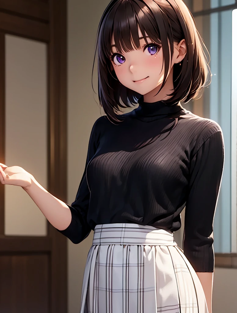 High resolution,In 8K,Best Quality,detailed,Semi-realistic anime,Anime 3D Style,Smooth anime CG,One Girl,One Japanese woman,slim,Modeled,Shiny brown hair,Short Bob,detailedな顔,Beautiful and detailed,Glowing Skin,(((Black elbow-sleeve knit top))),(Light blue long skirt),((Thin checked long skirt)),straggling hair,Angelic hairstyle,Small breasts,((Deep violet sparkling eyes)),((Looking into the camera)),(((Shut your mouth.))),((Laughter))