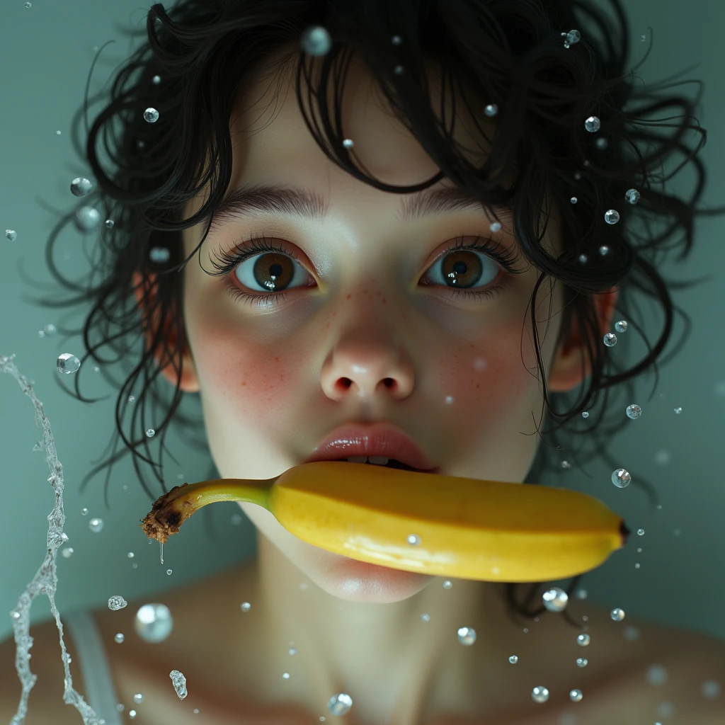 lemon eating challenge, realistic, photorealistic, 1girl, beautiful detailed eyes, beautiful detailed lips, extremely detailed face and features, long eyelashes, closeup, looking at camera, holding lemon, lemon in mouth, dripping lemon juice, wet skin, water splashes, detailed facial expression, dynamic pose, natural lighting, vibrant colors, cinematic, award winning photograph, SFW