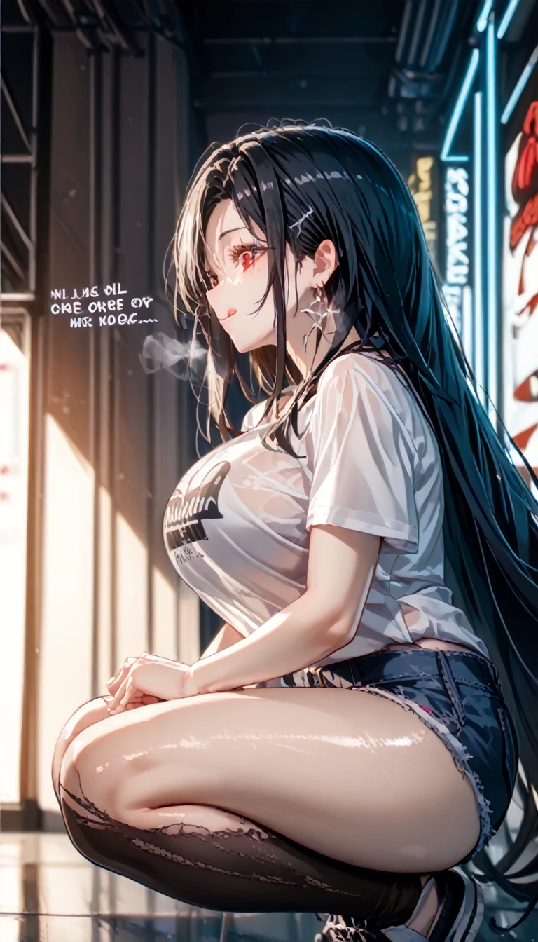 Long black hair、Red eyes、Tsukuyomi Minato, Super large size T-shirt、Sparkling sequined high leg lace under bikini、 Super huge breasts, High resolution, Masterpiece Anatomically Correct, Best Quality, high detail, damage, High resolutionモデル, retina, Very detailed, Textured skin, 超High resolution, 航空photograph, Background Blur, Exposure, Movie Light Effects, photograph, reality, From side view, 、
((Backlight Lighting、UV black light lighting、Shiny white shirt、The room was dim and windowless.、Bedroom lit with black light and neon lights ))、Backlight、
sweat,steam, , shortness of breath, Charming smile, Clothing、

Heavy breathing、Rough kiss、Large Breasts, Earrings, Licking lips,  squat、sit、Top view、Full body diagram、Convulsively sit down、A room for two、((Tons of sound effects、A lot of dialogue)), (Safety Sensors、Safe For Work、Safe work、sfw, Safe at Work)