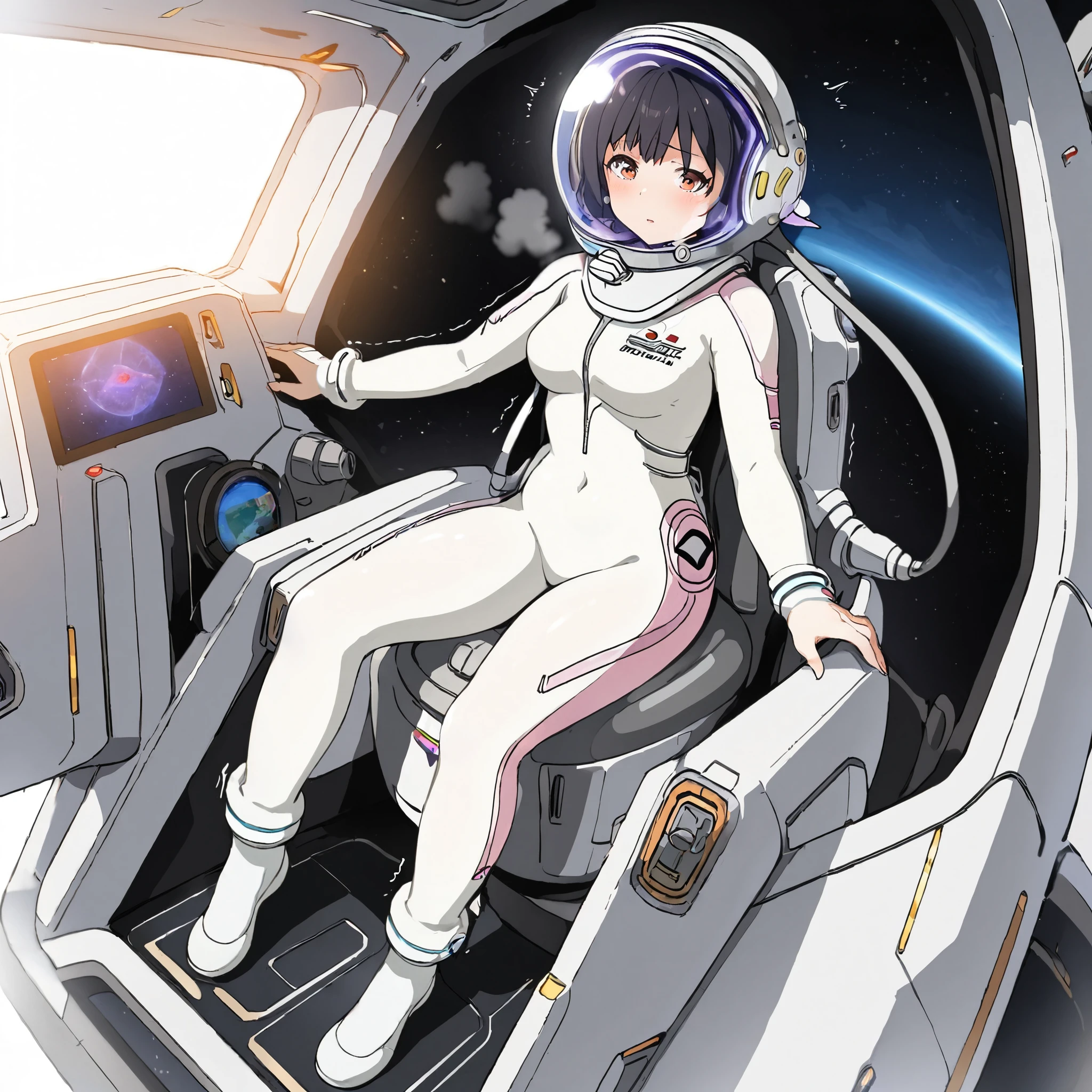 1girl,solo,short hair,(Space Suit:1.15), Black Hair Space Helmet ,fullbody, indoor, masterpiece of the highest quality,  trembling, Difficulty breathing,Bodysuits,Lumine , Bubble Helmet, short hair,  internal (cockpit) of (Futuristic spaceship:1.6), Sitting on narraw futuristic spacecraft cockpit seat, Covered navel, short hair