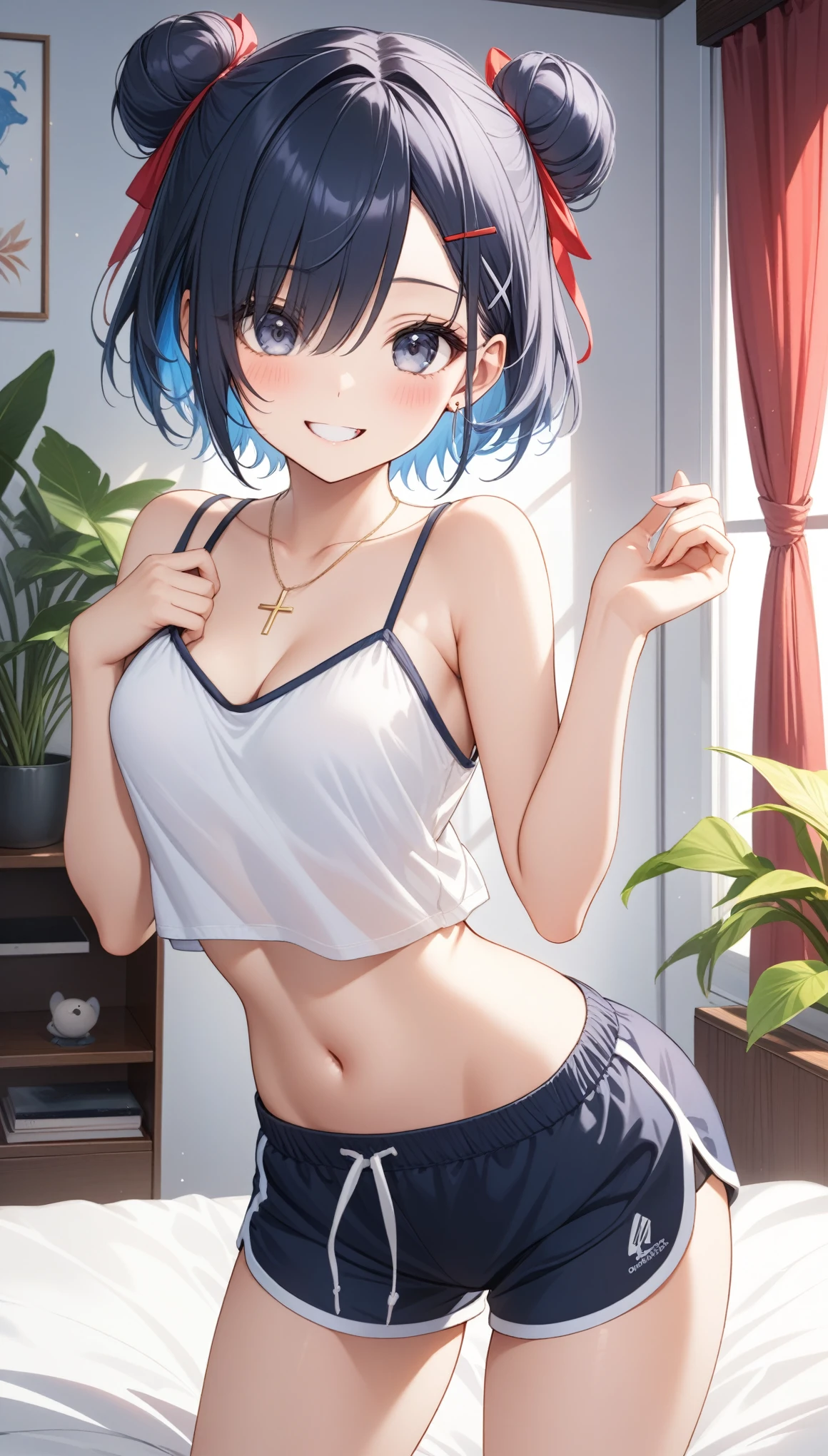 frame in, from right in front of face and body, view straight on, upper body, High quality, very high res, High quality, very high res, cute girl, brown hair, forehead, blunt bangs, bob cut, blush,Brushed up bangs, wearing a plain t-shirt, shirt lift, see light blue polka dot bra, medium breasts, I can see your belly button, upright, naughty way to sit, smile, at office