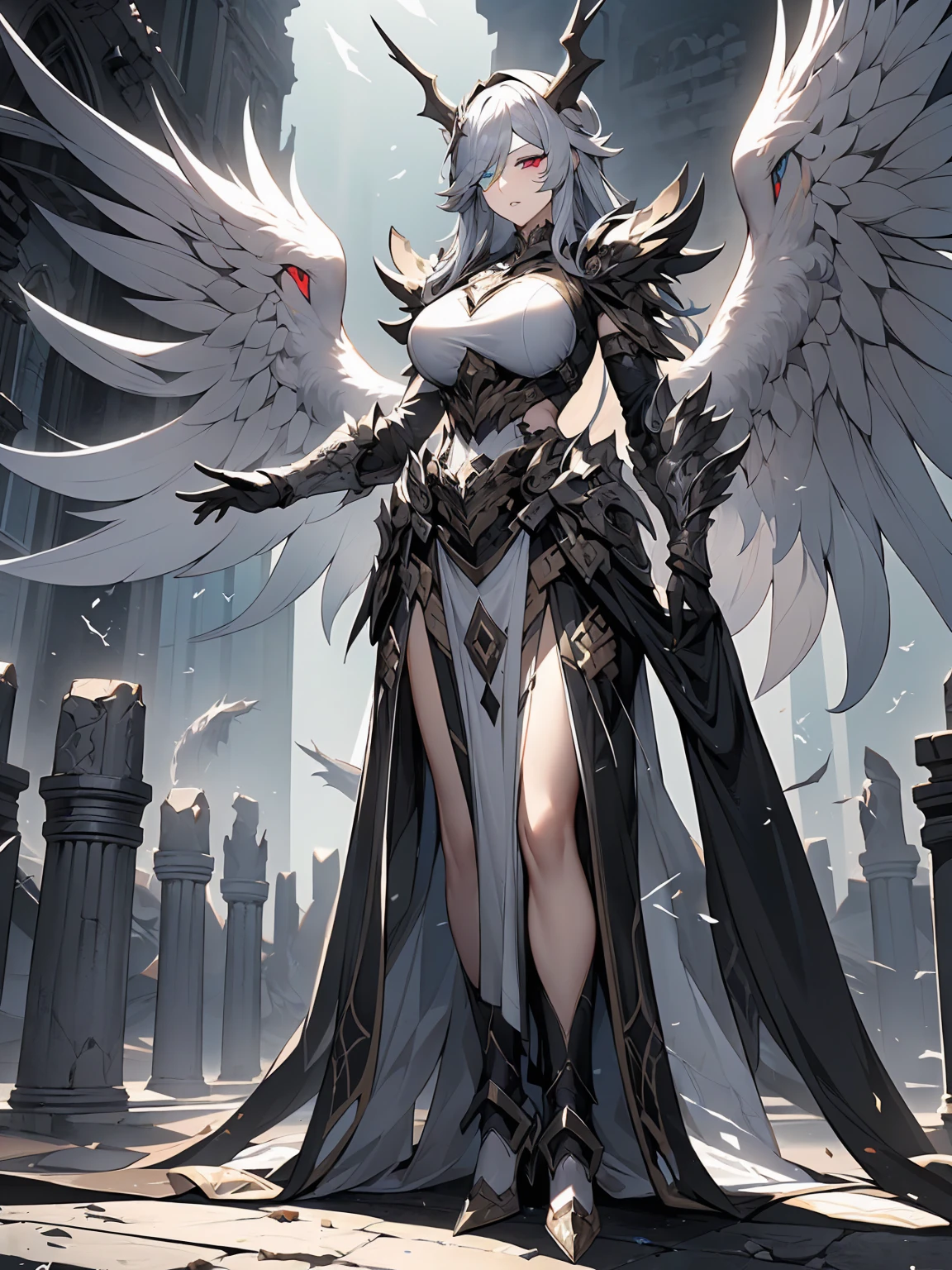 ((masuter piece:1.5)),((Finest quality)),(Ultra-high precision),8k picture,Top quality anime,Highest level of resolution,sharpnes,Clair,Fantasyart,a moon:1.4,Particle Light:1.2,Detailed down to the smallest detail,Phenomenal depiction,((1人の女性),(Dull glowing black armor,Detailed and detailed details,Sparkling Jewels,(circlet,Wing ornament)),(Brilliant loin cloth)(Holding up a grave with a coat of arms:1.1)a smile,Fantasy backgrounds with depth,