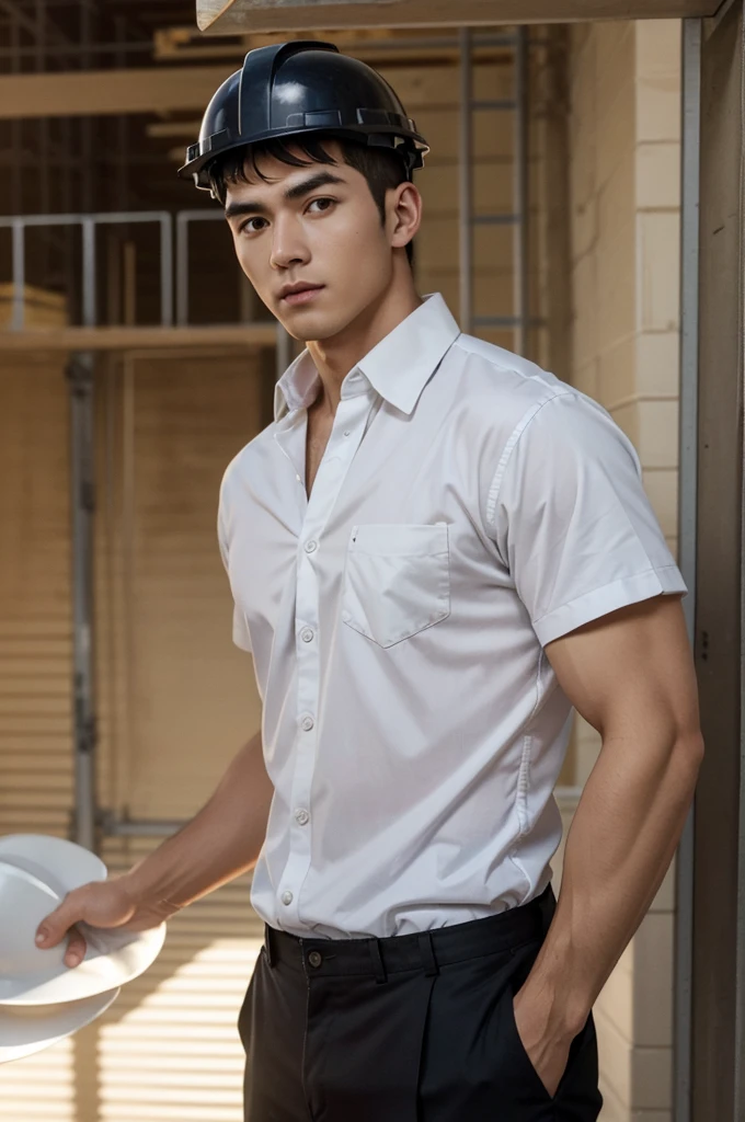 Masterpiece, best quality, High quality, วอลล์เปเปอร์ CG unity 8k ที่มีvery detailed, depth of field, HDR,,photorealistic,very detailed, 1 man sitting on a chair, Asia, black short hair, , (Thai , white shirt), dark Blue cargo shorts, chest muscles, Big arm muscles, blood vessel, big muscles, Broad shoulders, looking at the audience, Balancing the eyes, (Make eye contact)