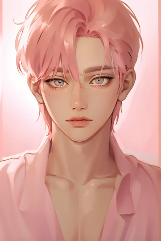 Thin boy, pastel pink hair, tender and with honey-colored eyes