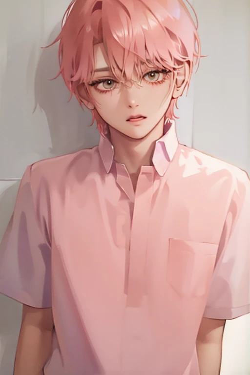 Thin boy, pastel pink hair, tender and with honey-colored eyes