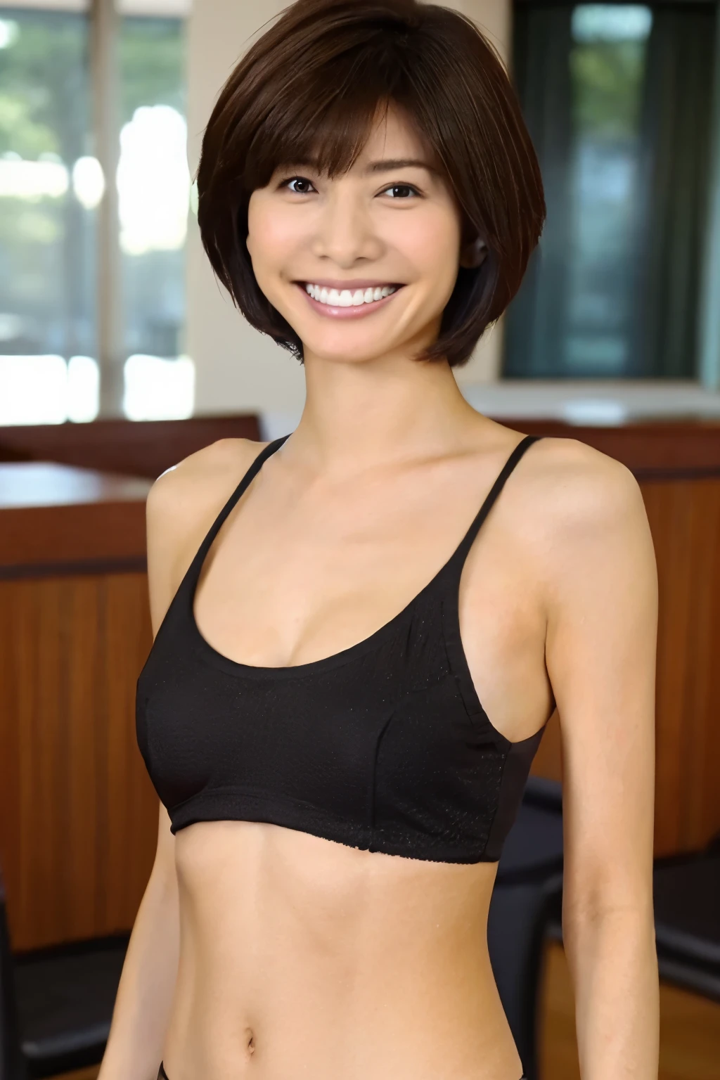 Brown Hair、Short Hair、Smiling、Beautiful breasts、Slim body、Black micro bikini、Standing in the examination room