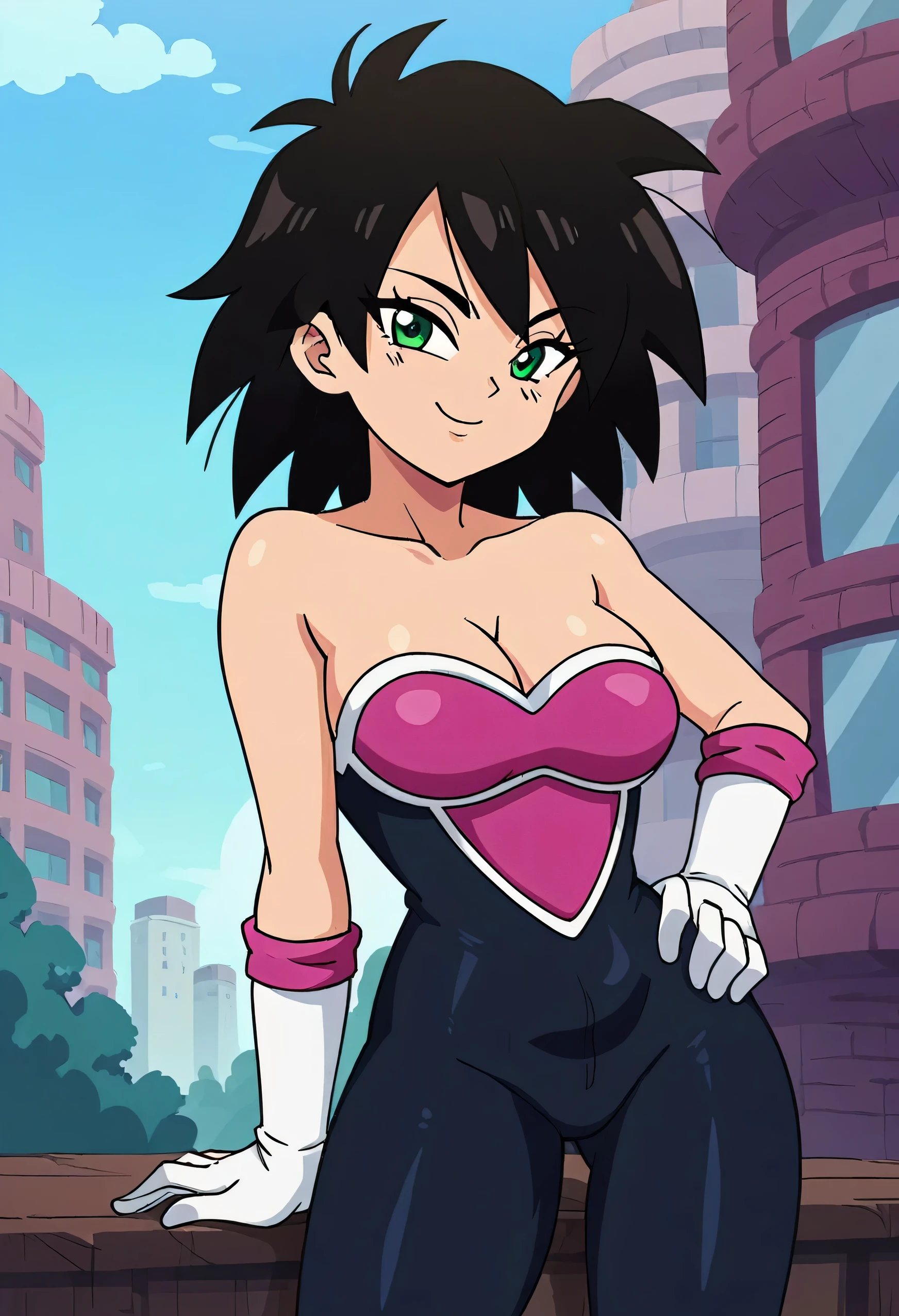 source_anime, score_9, score_8_up, score_7_up, anime screencap, absurd res, official style, gine, 1girl, solo, breasts, looking at viewer, black hair, green eyes, black spiked hair, eyelashes, rougecosplay, bodysuit, elbow gloves, bare shoulders, white gloves, strapless, medium breasts, black bodysuit, outside, standing, city buildings, left hand on hip, right hand on knee, cleavage, cowboy shot, looking at the viewers, headshot portrait, blue skies