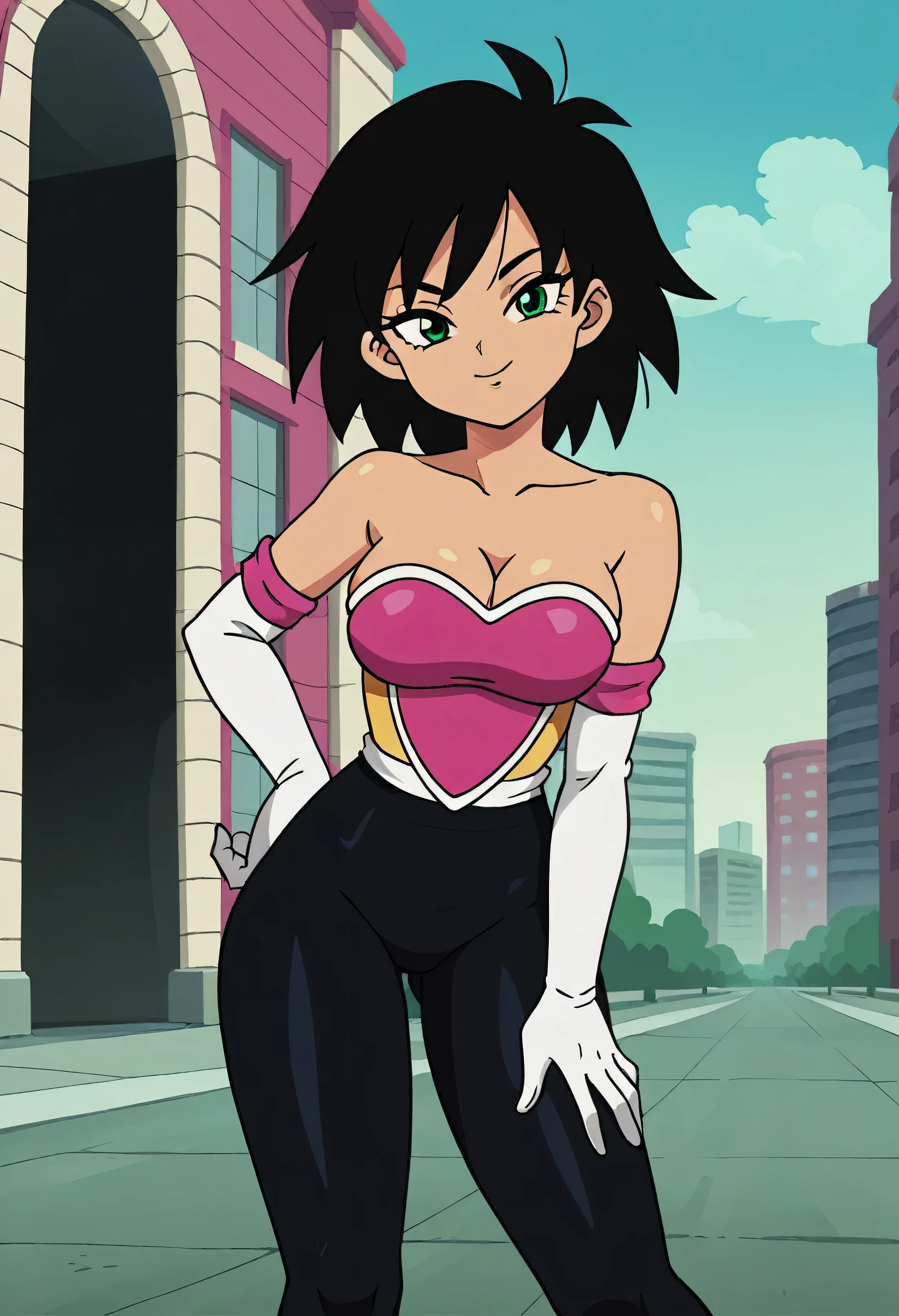 source_anime, score_9, score_8_up, score_7_up, anime screencap, absurd res, official style, gine, 1girl, solo, breasts, looking at viewer, black hair, green eyes, black spiked hair, eyelashes, rougecosplay, bodysuit, elbow gloves, bare shoulders, white gloves, strapless, medium breasts, black bodysuit, outside, standing, city buildings, left hand on hip, right hand on knee, cleavage, cowboy shot, looking at the viewers, headshot portrait, blue skies