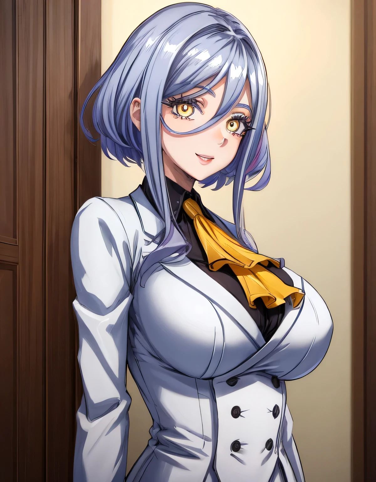 (huge breasts:1.21),(shiny hair),((solo)),((masterpiece)),((best quality)),perfect anatomy,slim waist,perfect image,8k UHD,(beautiful detailed eyes:1.5),extremely detailed face,standing,(upper body:1.2),(look at the front:1.5),ultra-detailed,absurdres,ultra-highres,indoor room,Gentle smile,figue,white jacket,ascot,yellow eyes,brown eyes,lips,(sidelocks:0.7),arms behindback,