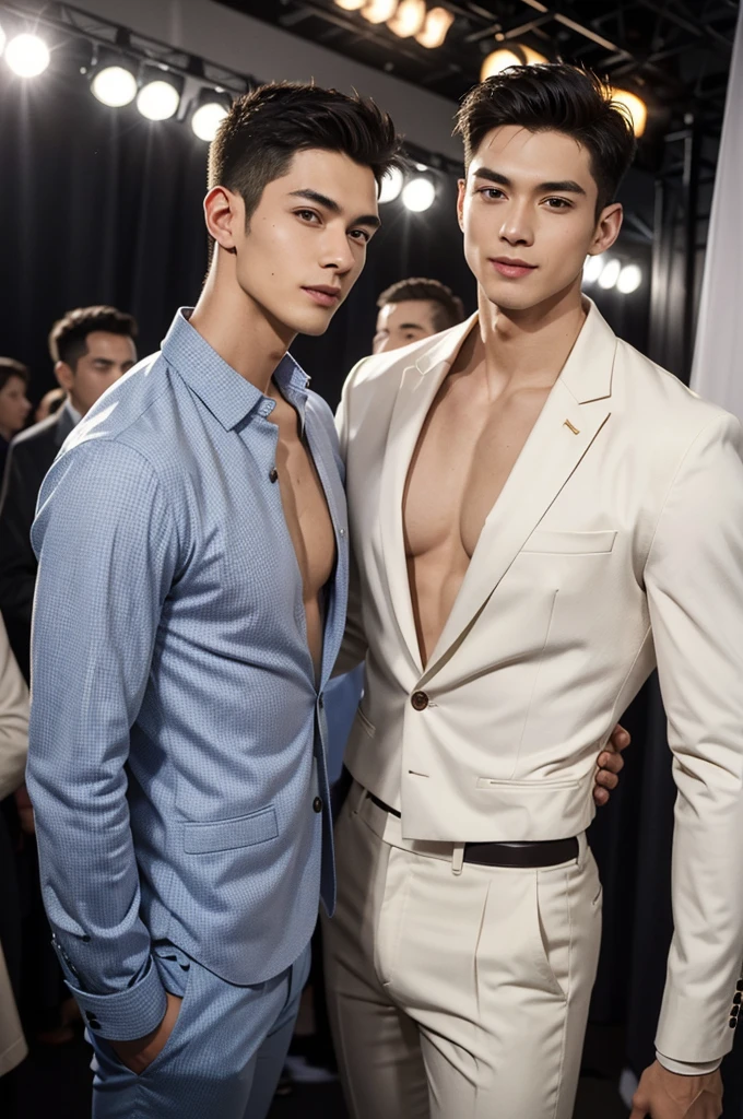 ((masterpiece)),((best quality)),8K,high detail,Very detailed, Very manly,3 men, like,fashion pose, Realistic skin texture, Light,
Royal blue style couple